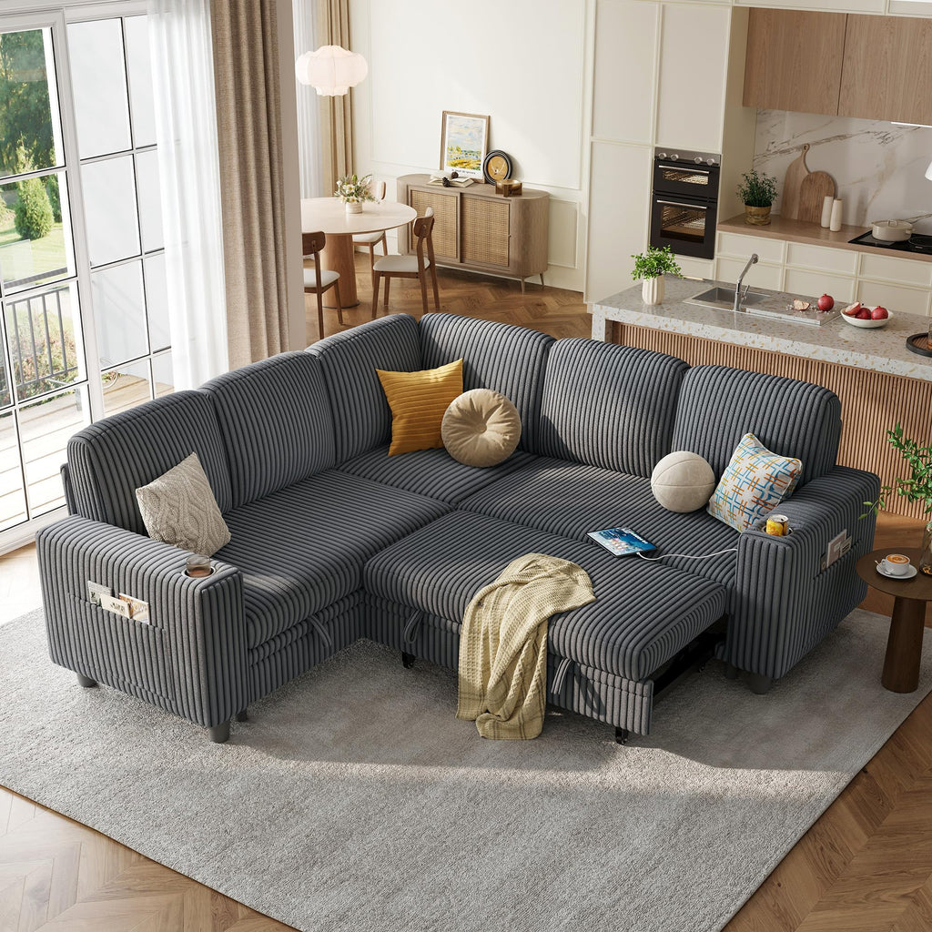 LINSY HOME Sectional Sleeper Sofa with Pull Out Couch Bed - Convertible Plush Corduroy Cloud Couch with Storage Chaise & USB Charging, Comfy Modular Couches for Living Room, Green