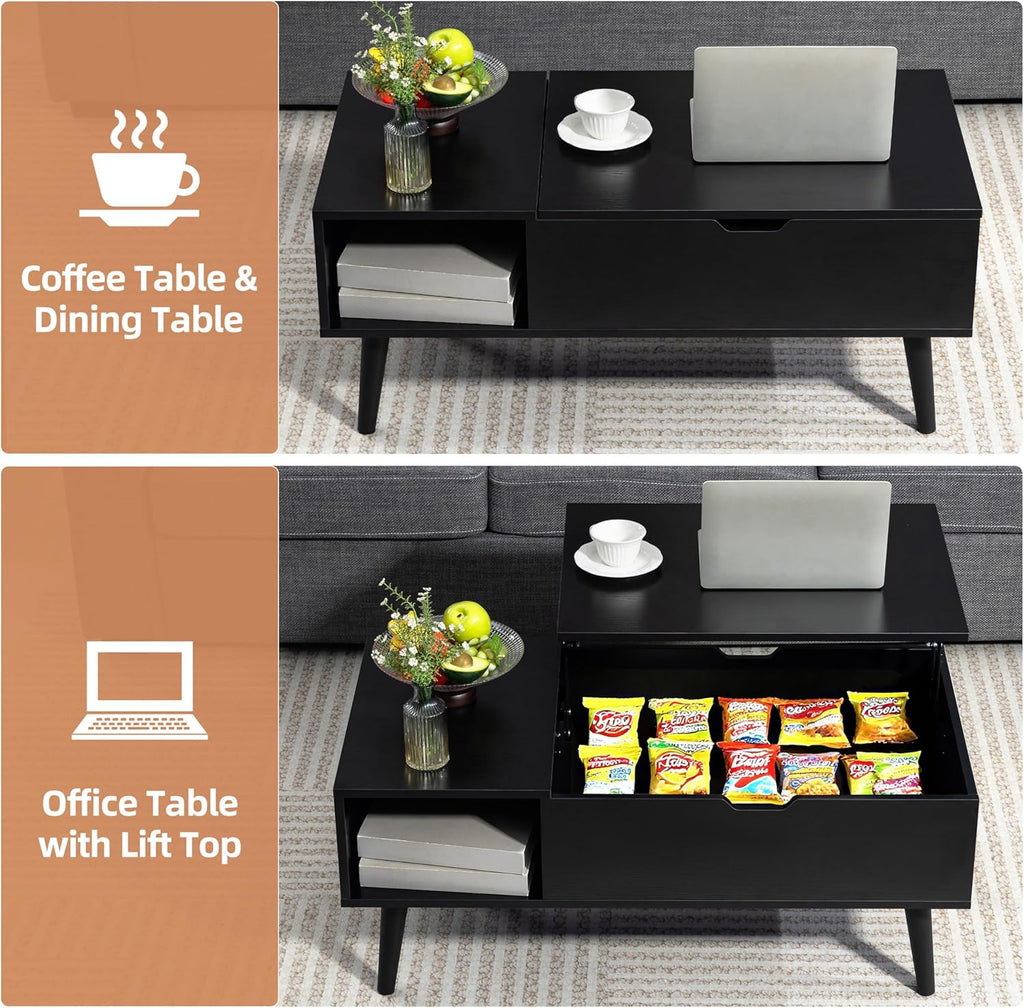 Finnhomy Lift Top Coffee Table with USB Type-C Charging Station, LED Lights and Power Outlet, 3-in-1 Multifunctional Table with Hidden Compartment and Large Storage, for Living Room Home Office, Black