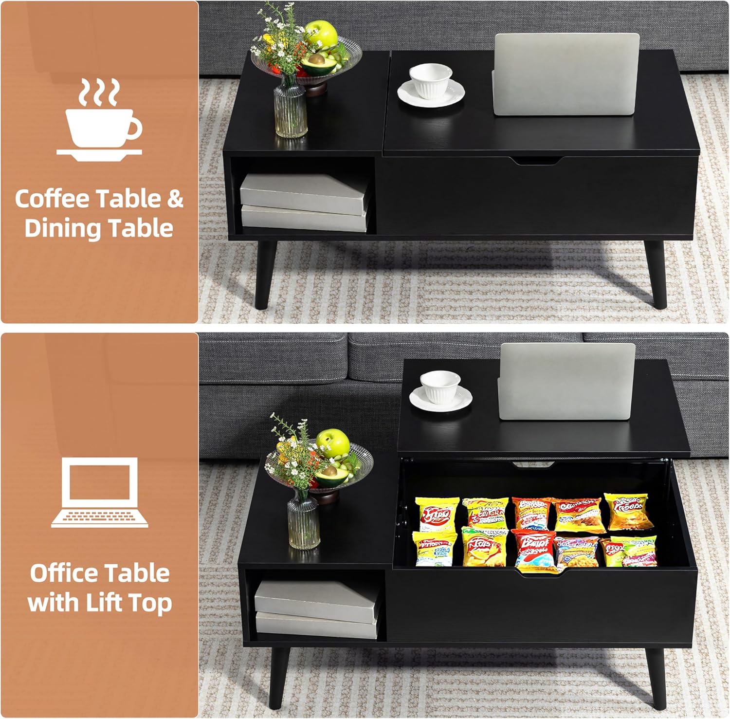 Finnhomy Lift Top Coffee Table with USB Type-C Charging Station, LED Lights and Power Outlet, 3-in-1 Multifunctional Table with Hidden Compartment and Large Storage, for Living Room Home Office, Black