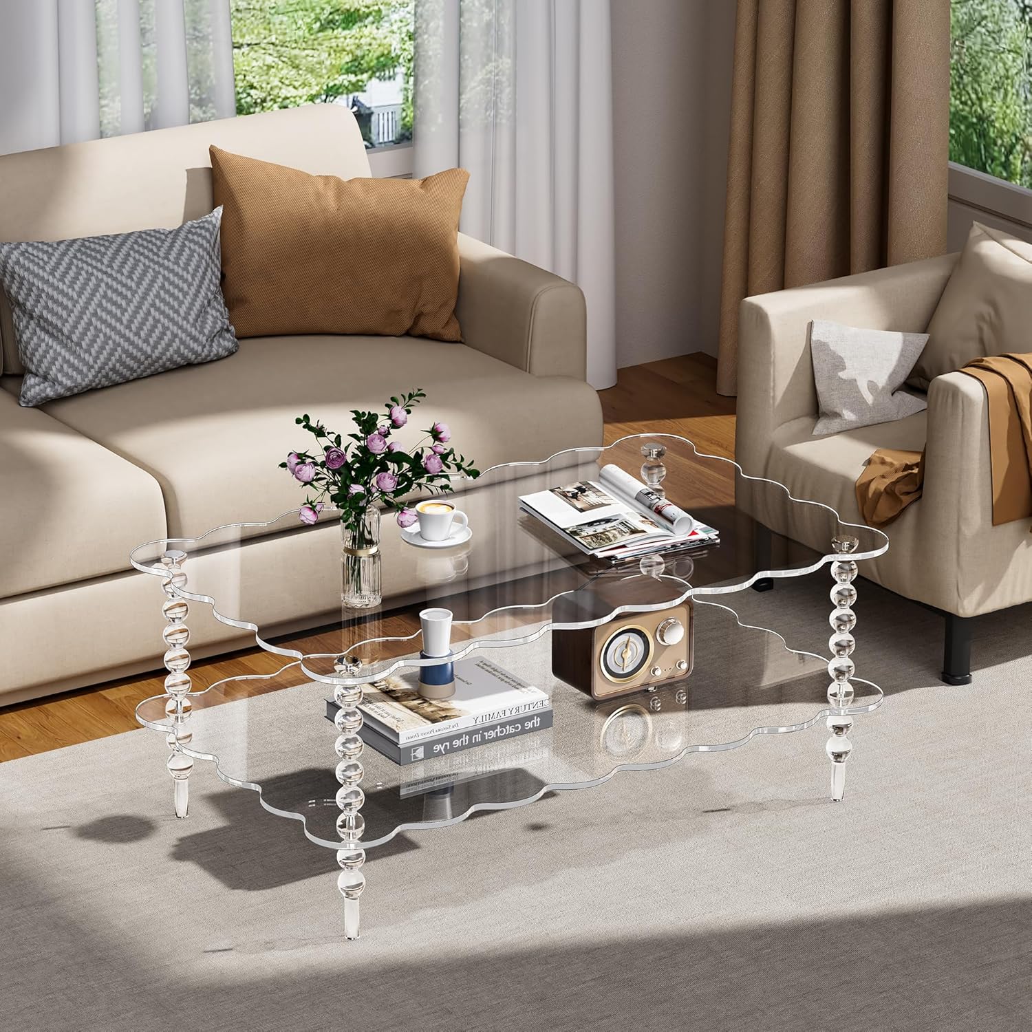 Acrylic Coffee Table, 2-Tier Living Room Table with Storage, Center Table Mid-Modern Century for Living Room, Easy to Assemble (Clear, 37.8“×23.6“×15.7”)