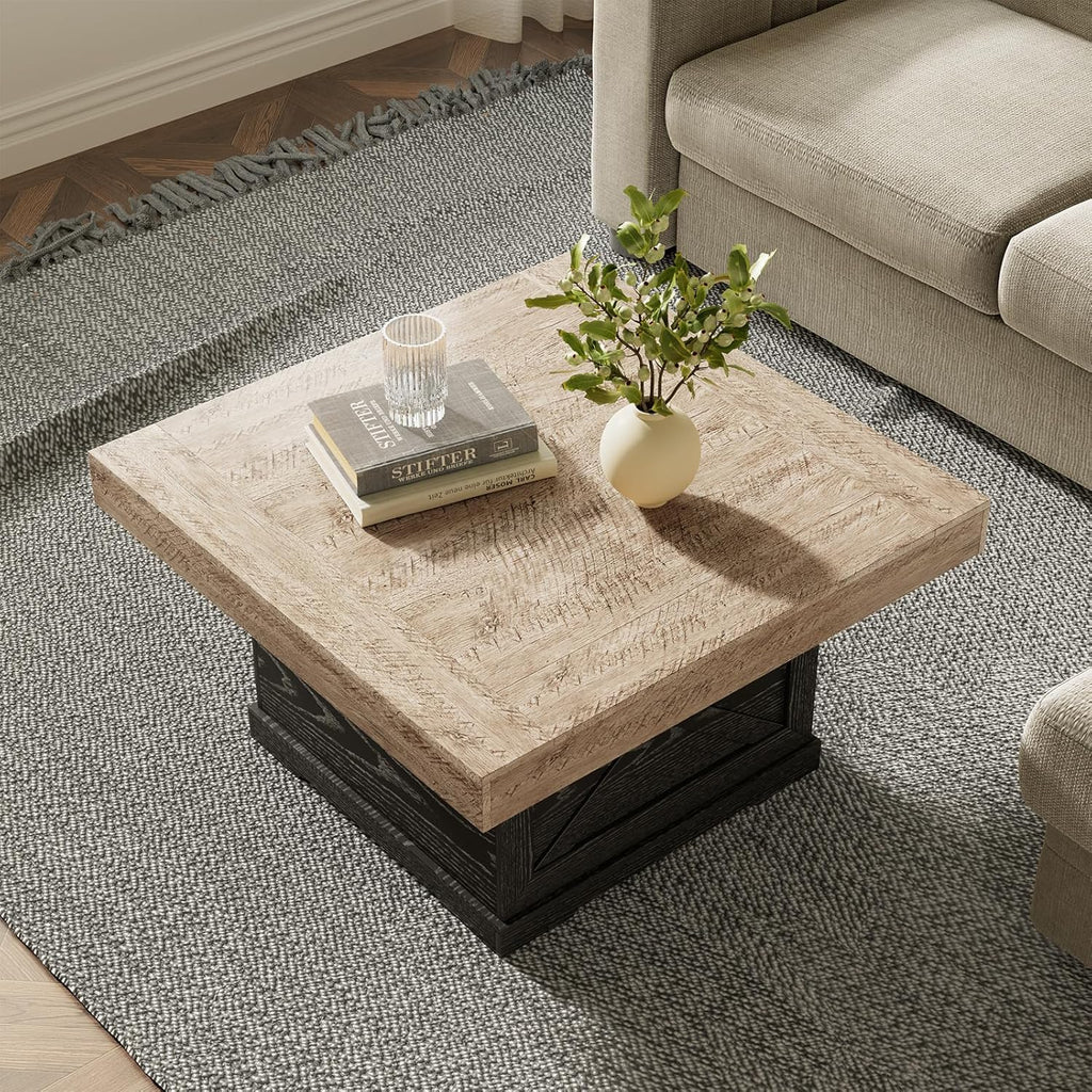 Coffee Table 31.5 in Rustic Center Table with X Design Wooden Pedestal for Living Room, Dark Oak Square Home Office Sofa Side Table for Small Space, Easy Assembly, Space-Saving