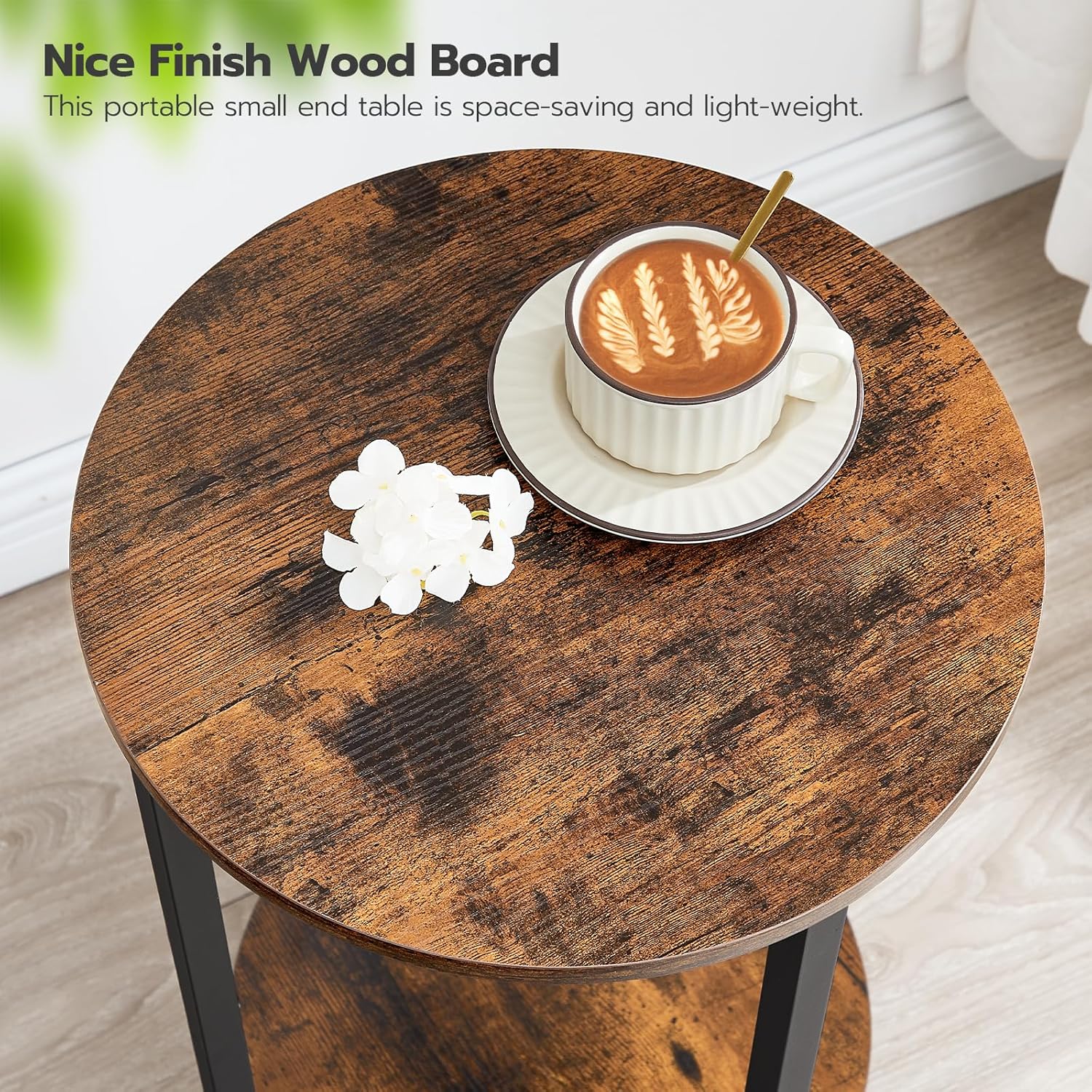 HOOBRO Round Side Table, Wooden Look Accent End Table for Sofa Couch, Round Nightstand with 2-Tier Storage Shelf, for Small Spaces in Living Room, Bedroom, Rustic Brown BF58BZ01G1