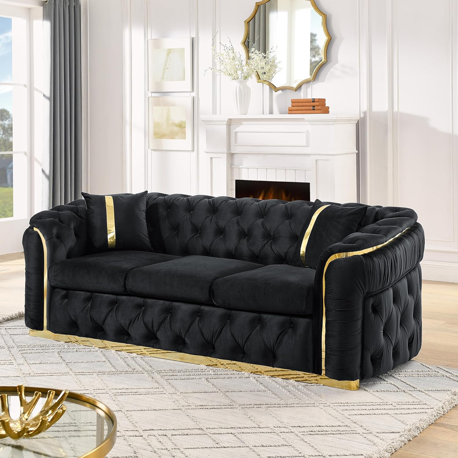 Mid Century Modern Chesterfield Sofa Couch, 90.6" Velvet Couch Black and Gold Sofa Luxury Loveseat for Living Room, Tufted Sofas with 2 Pillows & Classic Golden Decor, Jet Black