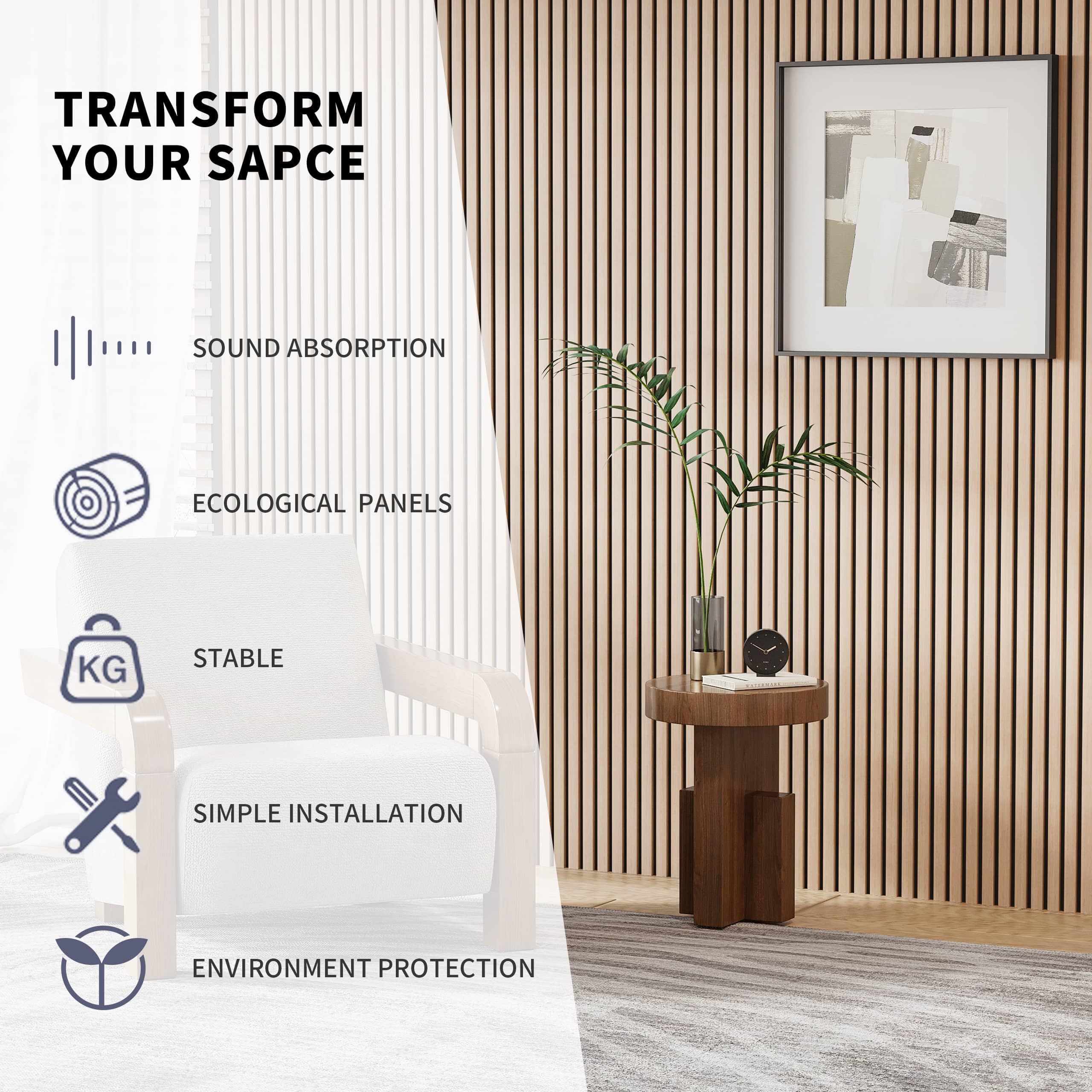 POHARE Wood Slat Wall Panels, 2 Pack Accent Decorative Acoustic Wood Slats for Wall and Ceilings, Acoustic Panels for Interior Wall Décor on Felt Back Board, Oak, 8 x 1 ft