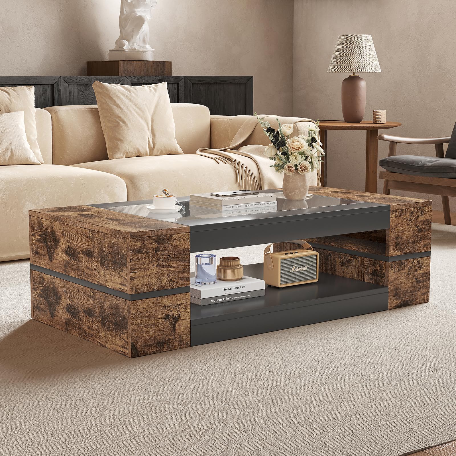 47.2" Modern Stylish Coffee Table with Glass Table Top, Large Living Room Table Rectangular 2-Tier Center Tables with Storage, Wooden Tea Tables for Dining Reception Room, White