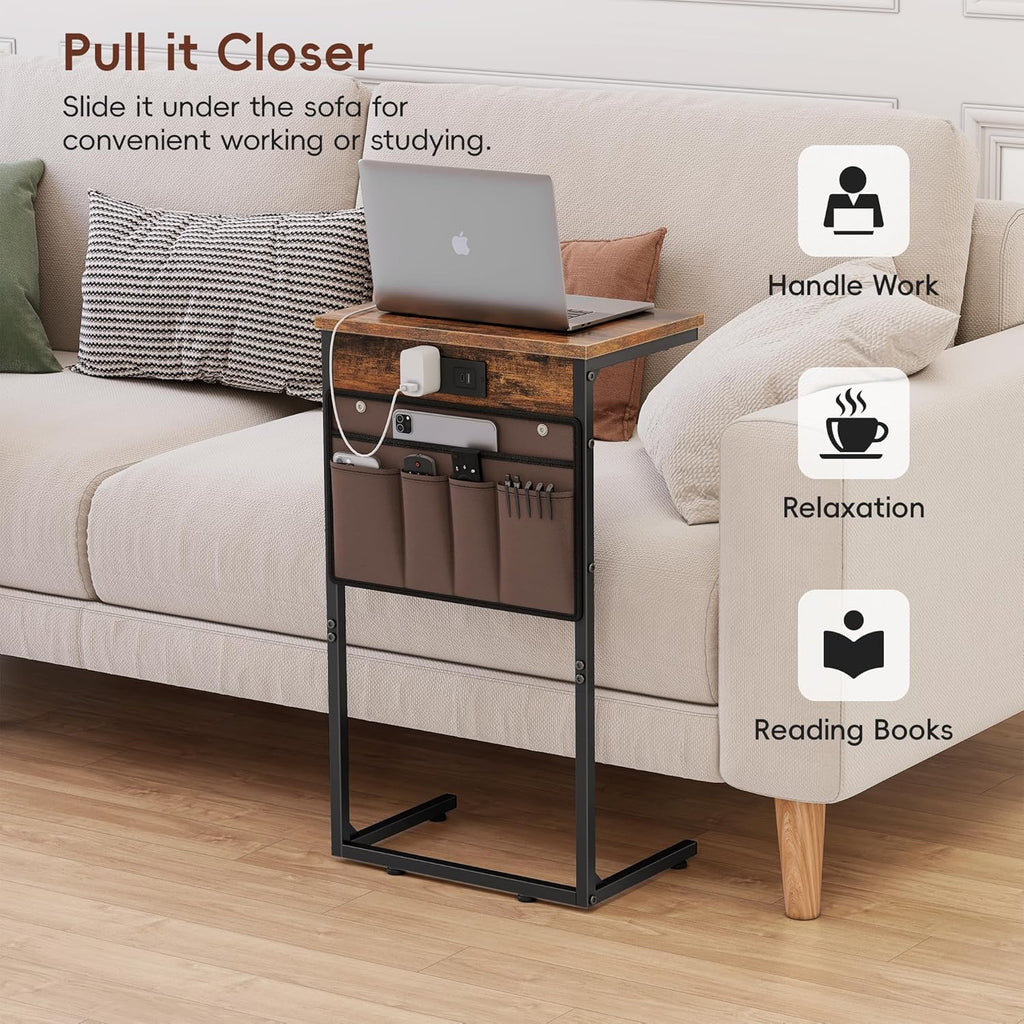 Vagusicc C Shaped End Table with Charging Station, 28" Tall Side Table for Couch, Sofa Table Small Couch Side Coffee Tables, Slide Under Sofa TV Tray Arm C Table for Living Room, Bedroom, Bedside