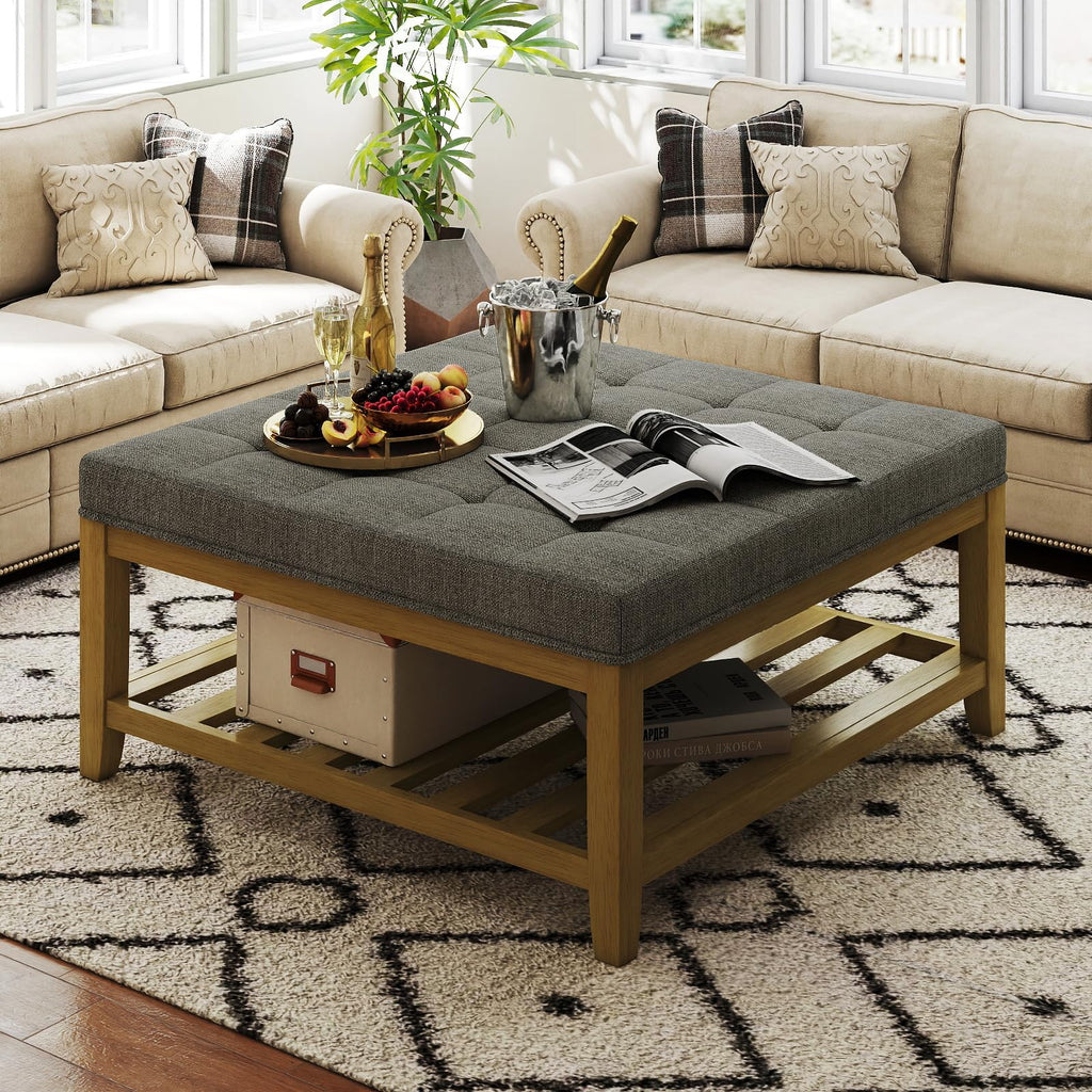 Large Square Ottoman Coffee Table, Linen Solid Upholstered Footrest Ottoman with Solid Wood Shelf Storage Tufted Coffee Table for Bedroom Living Room, Linen