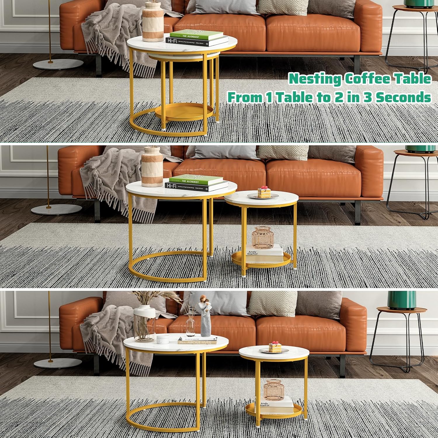 Nesting Coffee Table Set of 2,23.6" Modern Round Coffee Table with Gold Metal Frame,White Nesting Circle Patio Coffee Table Set of 2 for Living Room Garden Bedroom (White)