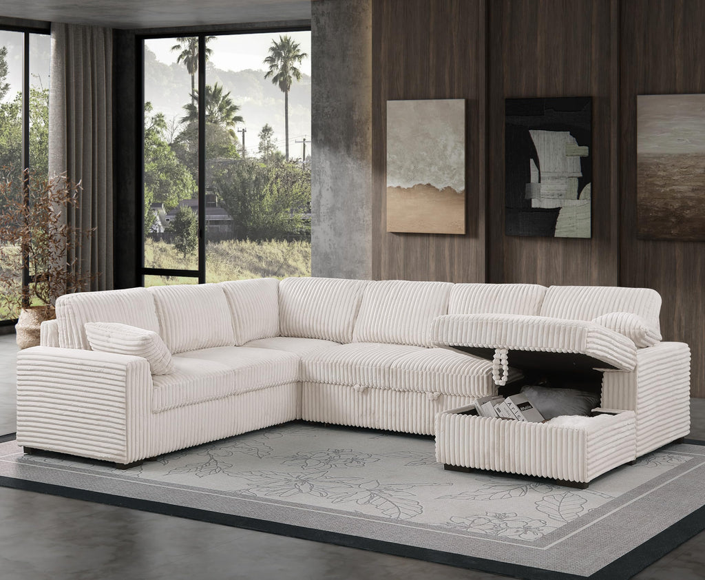 Oversized U-Shaped Sleeper Sectional Sofa Modern Fluffy Corduroy Upholstered Corner Convertible Sofabed with Pull Out Sleeper Couch Bed ,Storage Left Chaise and Pillows for Living Room Furniture Sets