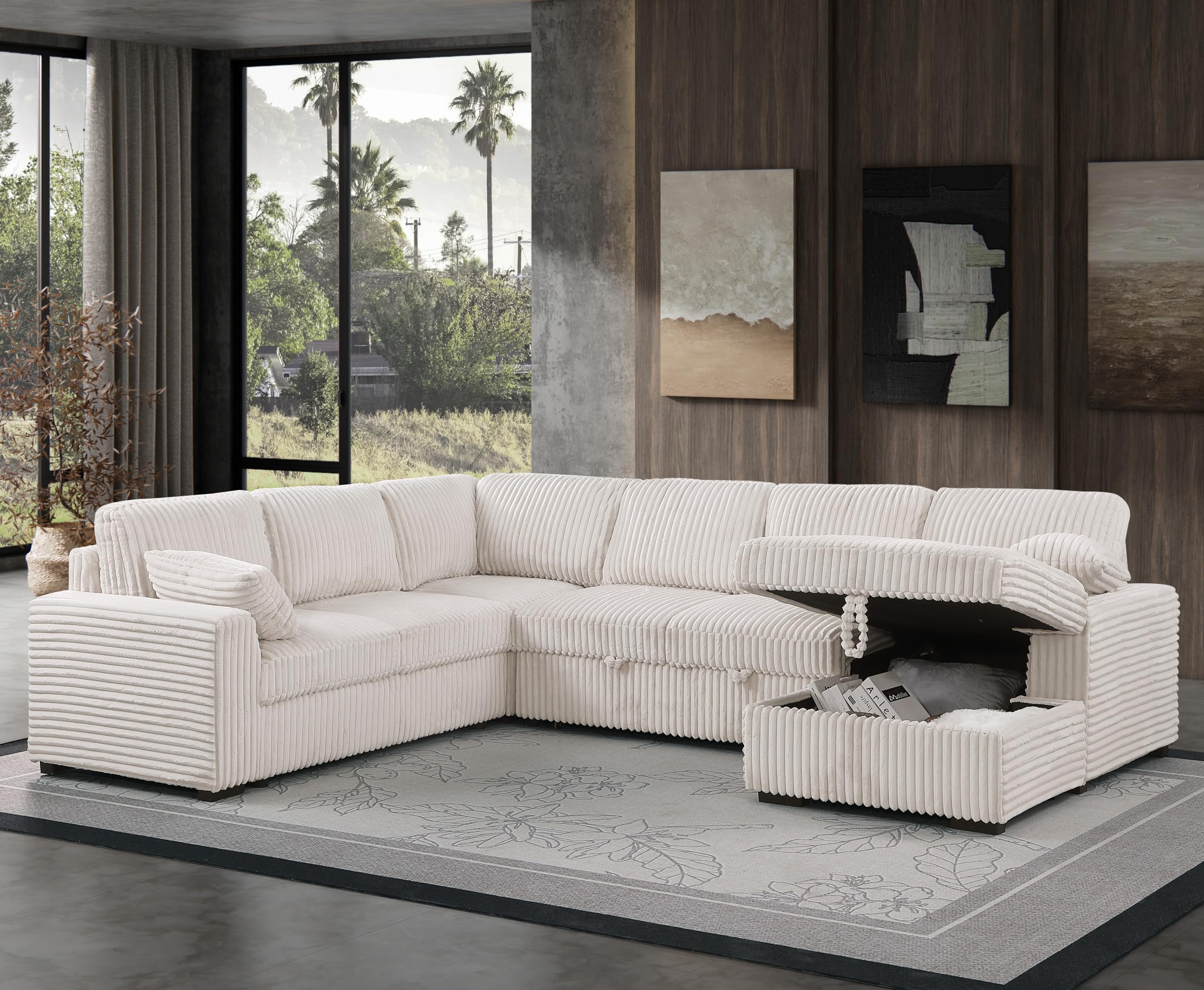 Oversized U-Shaped Sleeper Sectional Sofa Modern Fluffy Corduroy Upholstered Corner Convertible Sofabed with Pull Out Sleeper Couch Bed ,Storage Left Chaise and Pillows for Living Room Furniture Sets