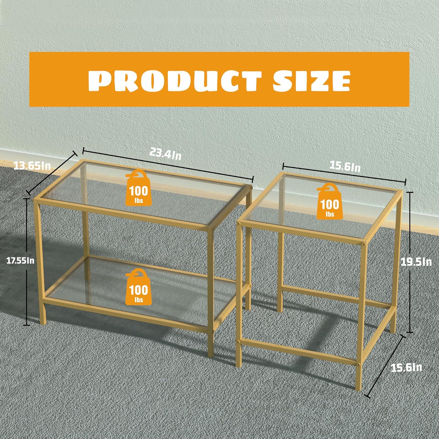 Coffee Table Set of 2,Gold Glass Nesting Coffee Side End Table,Square Modern Center Table for Living Room,Bedroom and Small Spaces,Tempered Glass-top with Sturdy Metal Frame, Easy Assembly