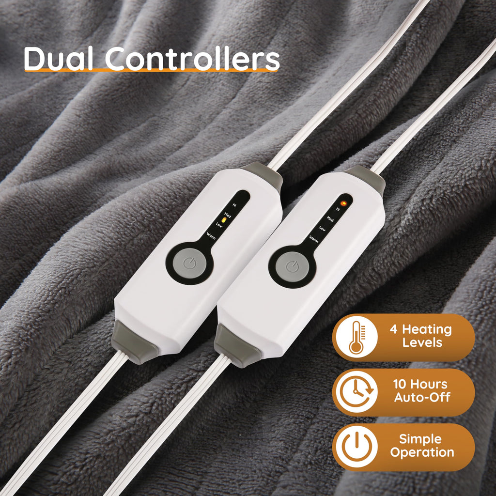 Couverture chauffante électrique DUODUO 72"x84" en polaire corail chaude avec 4 réglages de chaleur et arrêt automatique de 10 heures Protection contre la surchauffe - Gris 