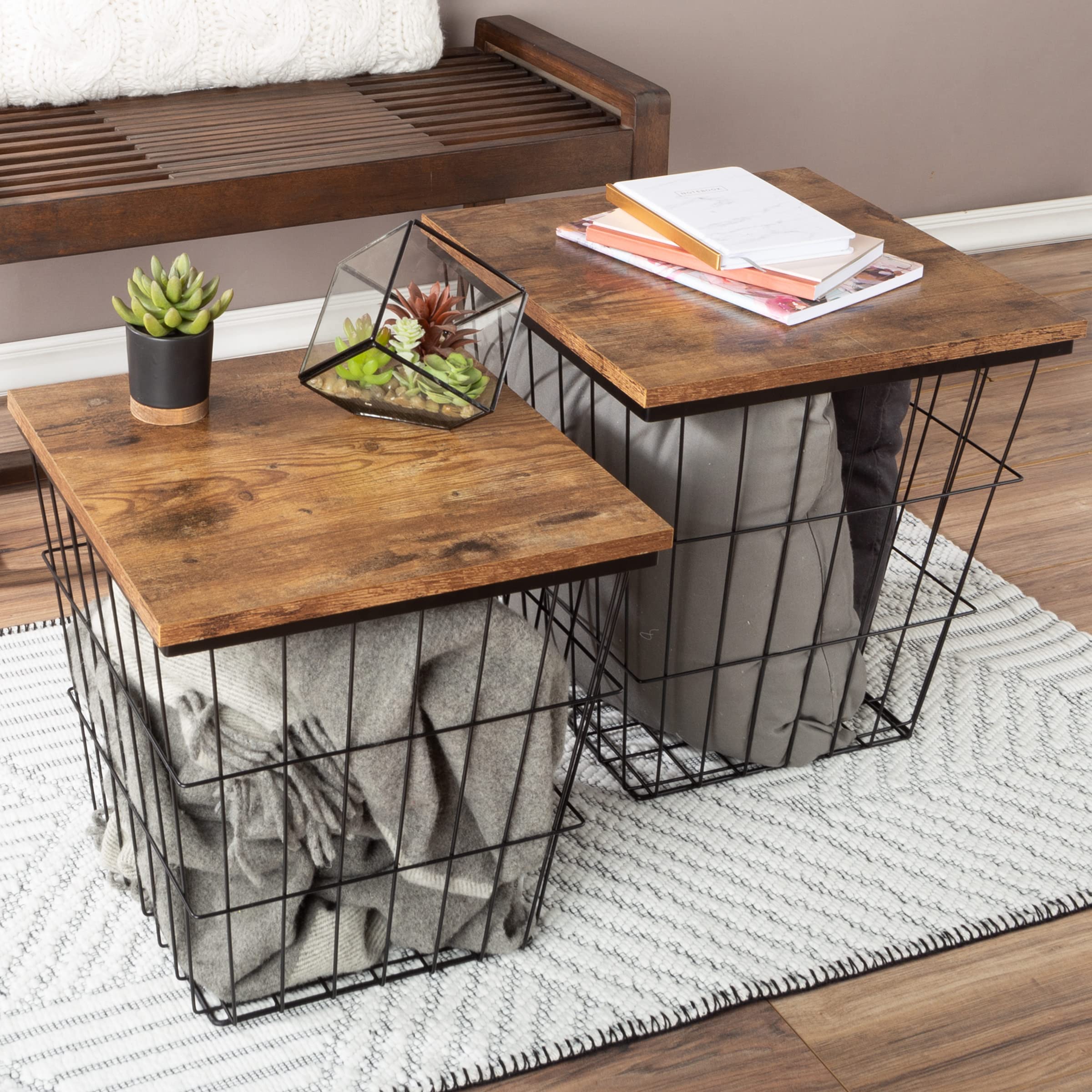 Set of 3 Living Room Tables - Metal Basket Storage with Removable Lids - 2 Small Side and 1 Large Accent Table by Lavish Home (Brown/Black)