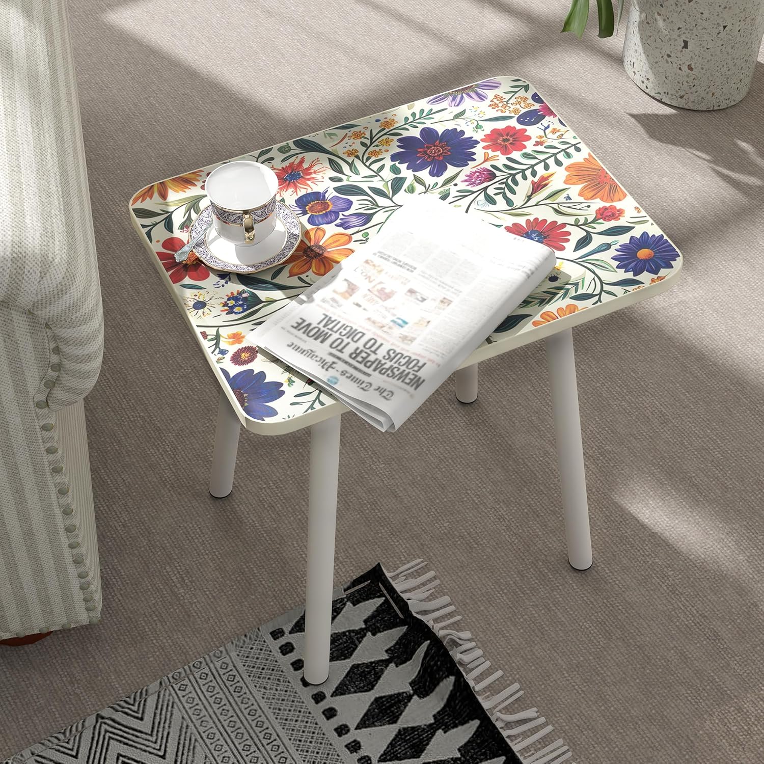 Mandala Small Rectangle End Table, Side Table with Black Flowers Finish, Retro Modern Small Coffee Table for Balcony, Living Room(11.8" D x 15.7" W x 17" H, White, Rectangle)