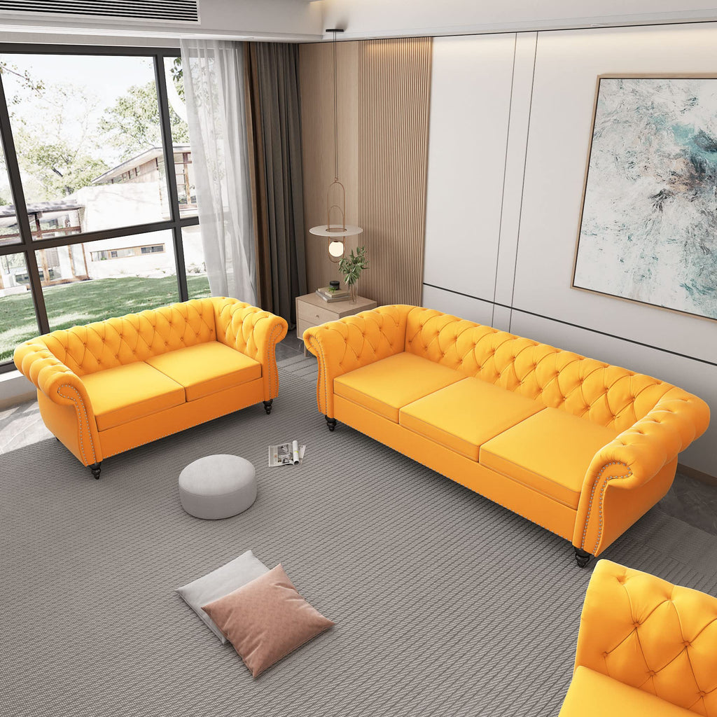 AVZEAR 3-Piece Living Room Sectional Sofa Set, Green Velvet Couch Upholstered Sofa Modern Sofa Couches Set Style Button Tufted, Velvet Chesterfield Sofa for Living Room Apartment, 1+2+3 Seat Green