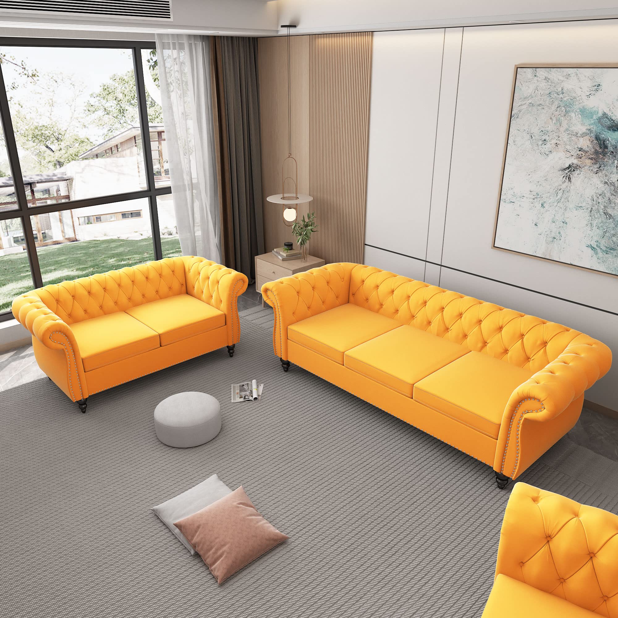 AVZEAR 3-Piece Living Room Sectional Sofa Set, Green Velvet Couch Upholstered Sofa Modern Sofa Couches Set Style Button Tufted, Velvet Chesterfield Sofa for Living Room Apartment, 1+2+3 Seat Green