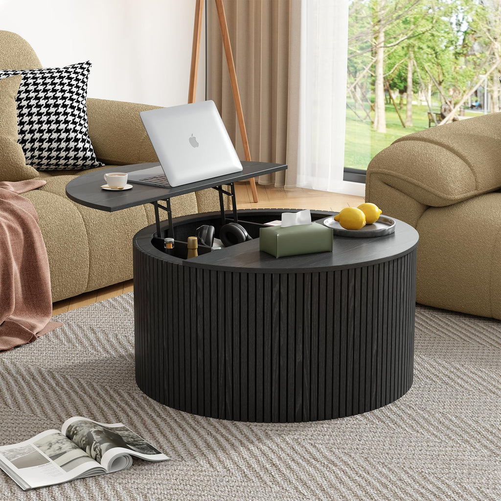 Round Fluted Lift Top Coffee Table, Mid Century Modern Center Table with Storage and Compartment, 2 Tier Small Circle Dining Table, for Living Room, Home Small Space, Natural