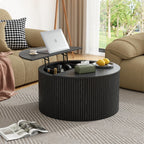 Round Fluted Lift Top Coffee Table, Mid Century Modern Center Table with Storage and Compartment, 2 Tier Small Circle Dining Table, for Living Room, Home Small Space, Natural