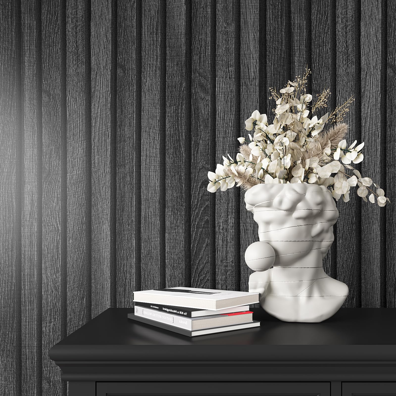 VEELIKE 木炭ブラック木製スラット壁紙 ピールアンドスティック 防水 ダークウッド 壁用コンタクトペーパー 15.7''x118'' 接着剤付き取り外し可能 フェイクウッドスラット壁パネル壁紙 寝室アクセントウォール用