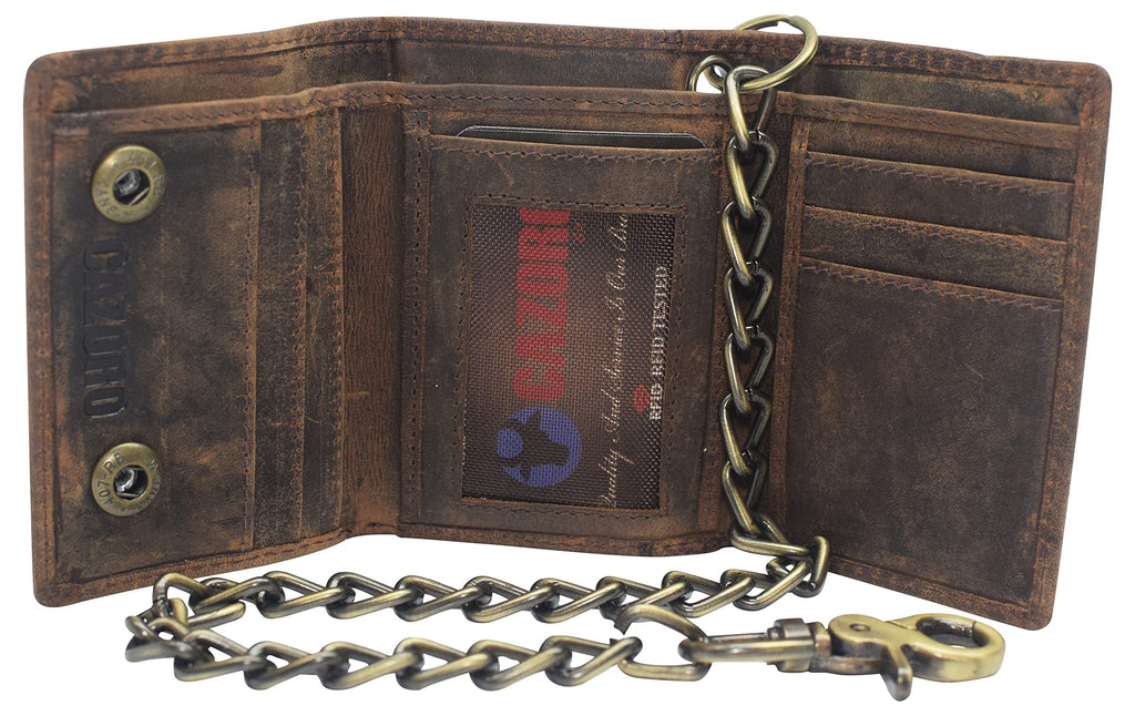Portefeuille à chaîne pour motard en cuir vintage trifold avec blocage RFID pour homme CAZORO avec fermeture à pression (Marron)