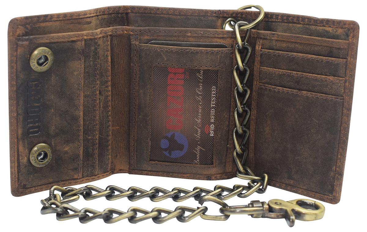 Portefeuille à chaîne pour motard en cuir vintage trifold avec blocage RFID pour homme CAZORO avec fermeture à pression (Marron)