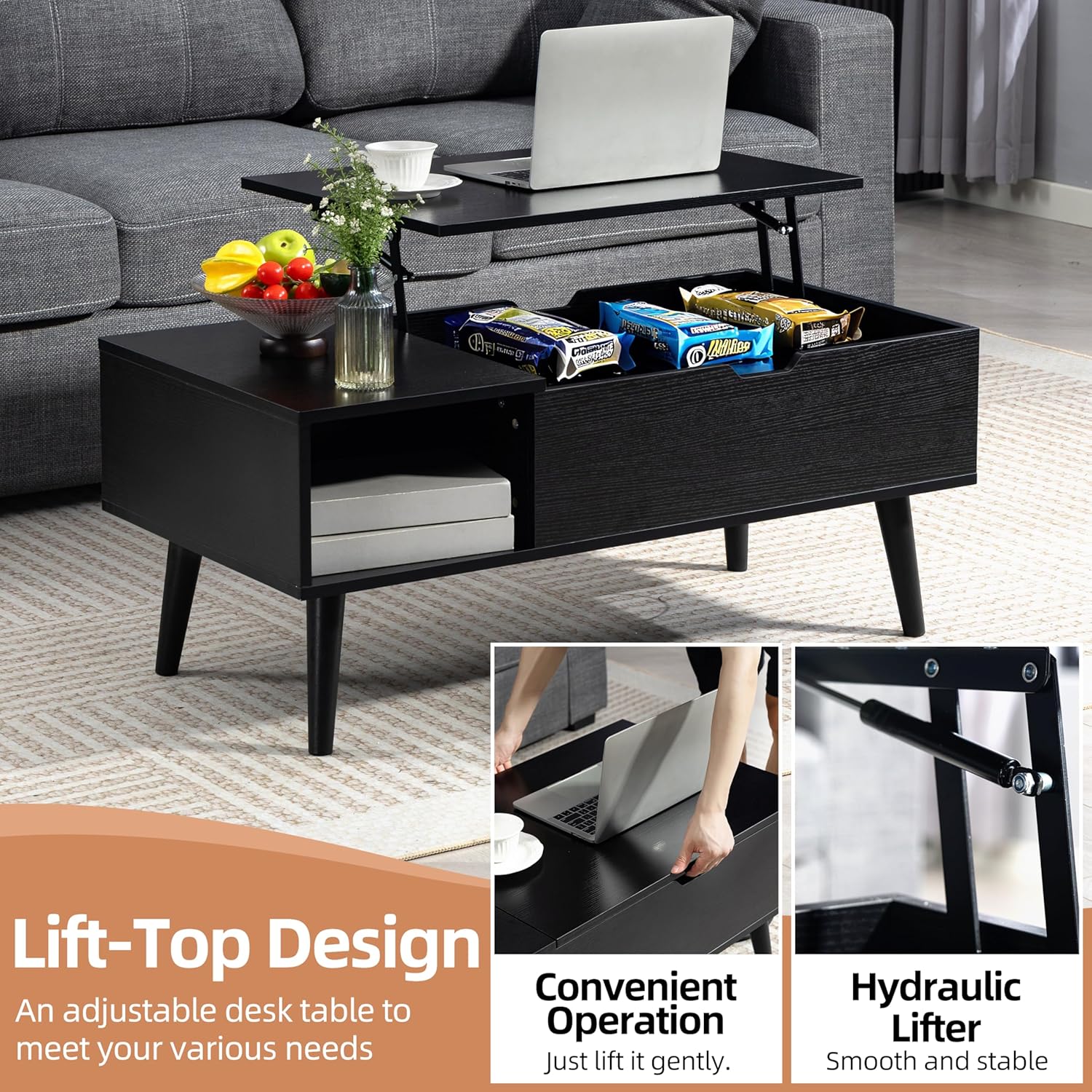 Finnhomy Lift Top Coffee Table with USB Type-C Charging Station, LED Lights and Power Outlet, 3-in-1 Multifunctional Table with Hidden Compartment and Large Storage, for Living Room Home Office, Black