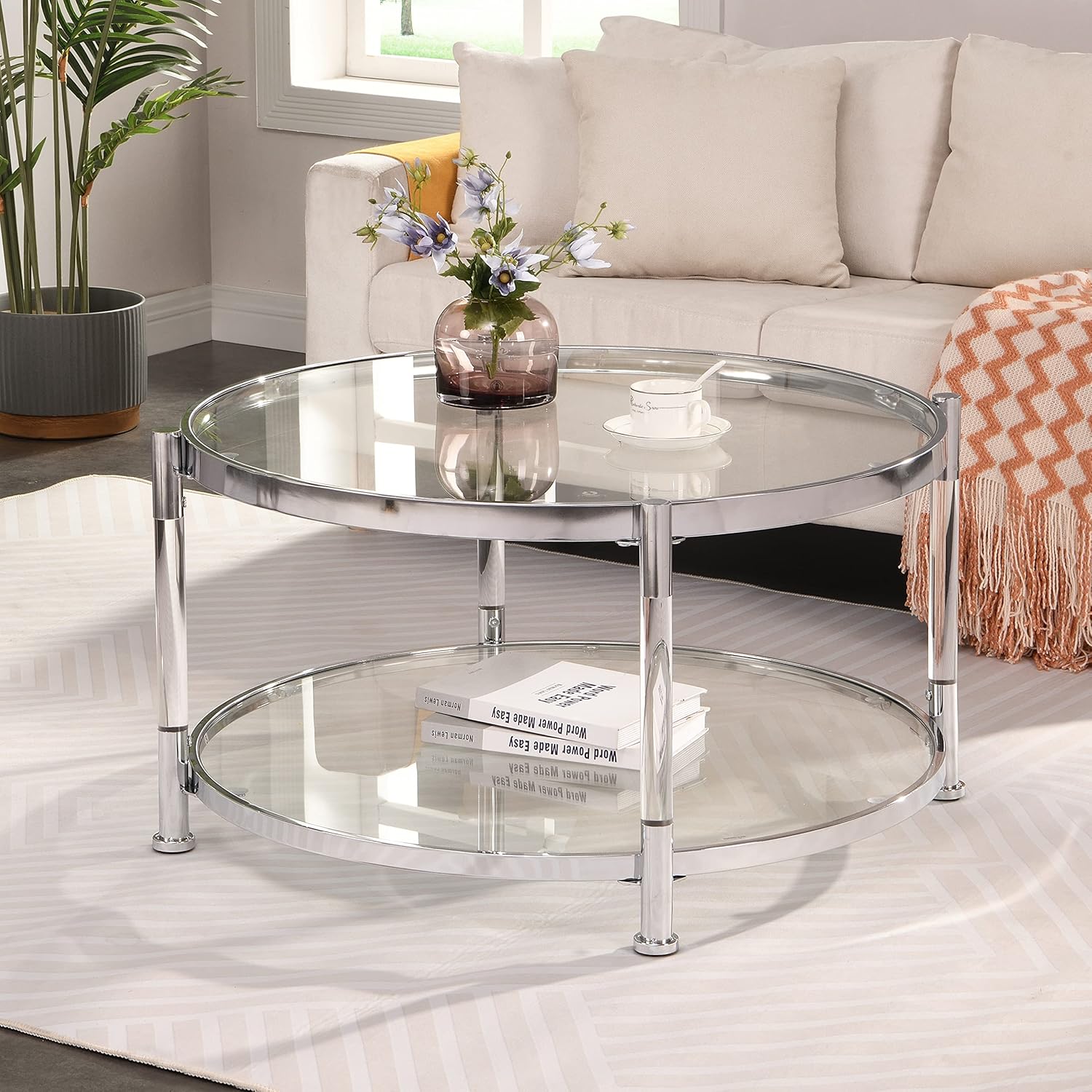Tempered Glass Round Coffee Table, 32.3" Modern Acrylic Legs Circle Coffee Table for Living Room