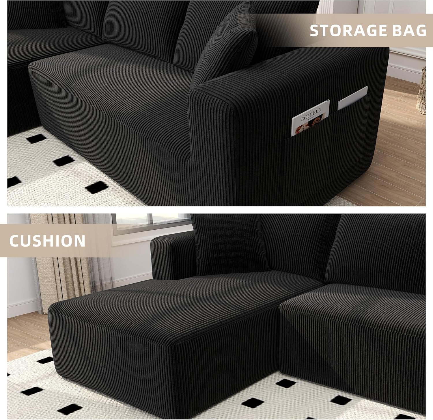 Sectional Couches for Living Room, 5 Seat Sofa Couch with Corduroy Fabric, L-Shaped Cloud Sofa Set with 5 Pillows, No Assembly High-Density Sponge Sofa for Apartment, Black