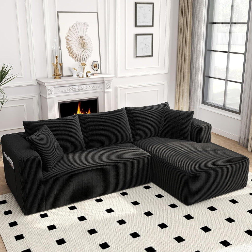Sectional Couches for Living Room, 5 Seat Sofa Couch with Corduroy Fabric, L-Shaped Cloud Sofa Set with 5 Pillows, No Assembly High-Density Sponge Sofa for Apartment, Black