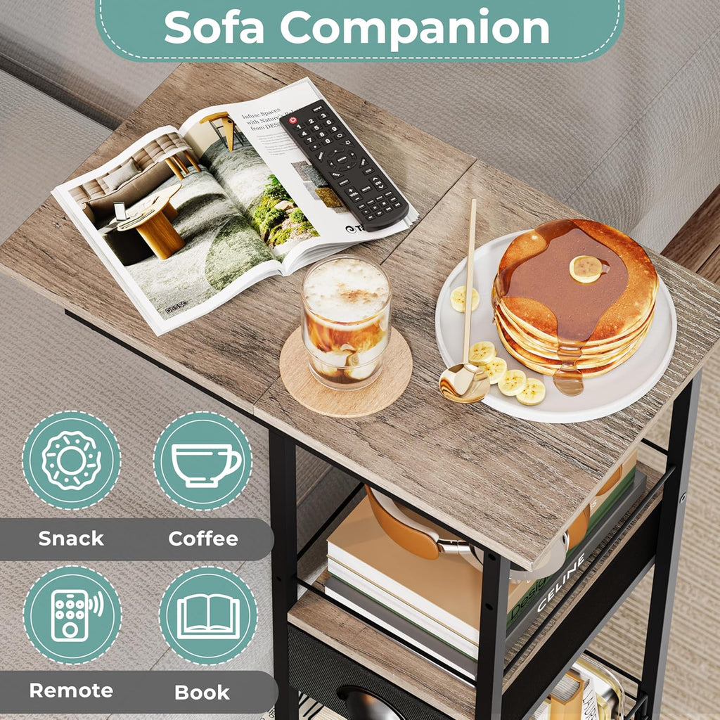 Rolling C Shaped Side Table with Storage Drawer, Ivory Portable Desk on Wheels, Bedside Table for Sofa Couch & Bed, Small Overbed Laptop Desk, Mobile Coffee End Table for Bedroom Living Room Dorm