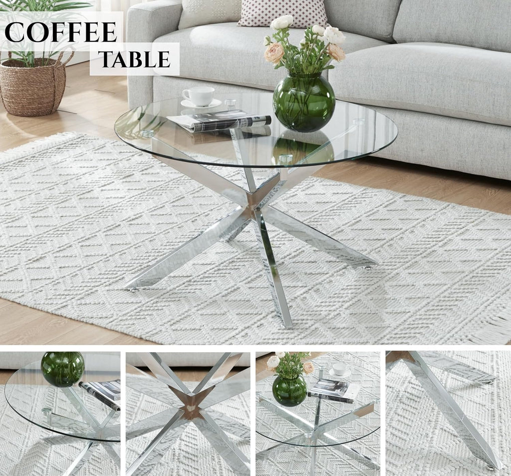 Round Glass Coffee Tables for Living Room, Home Office, Modern & Simple Center Table with Clear Tempered Glass Top, 35.5" Wx19.7 H Silver
