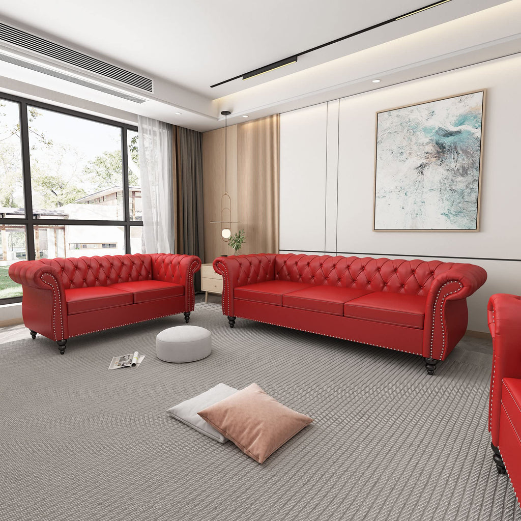 2 Piece Living Room Set, Chesterfield Leather Sofa Couch Chair with Scroll Arms and Nailhead for Living Room, Office (Dark Brown)