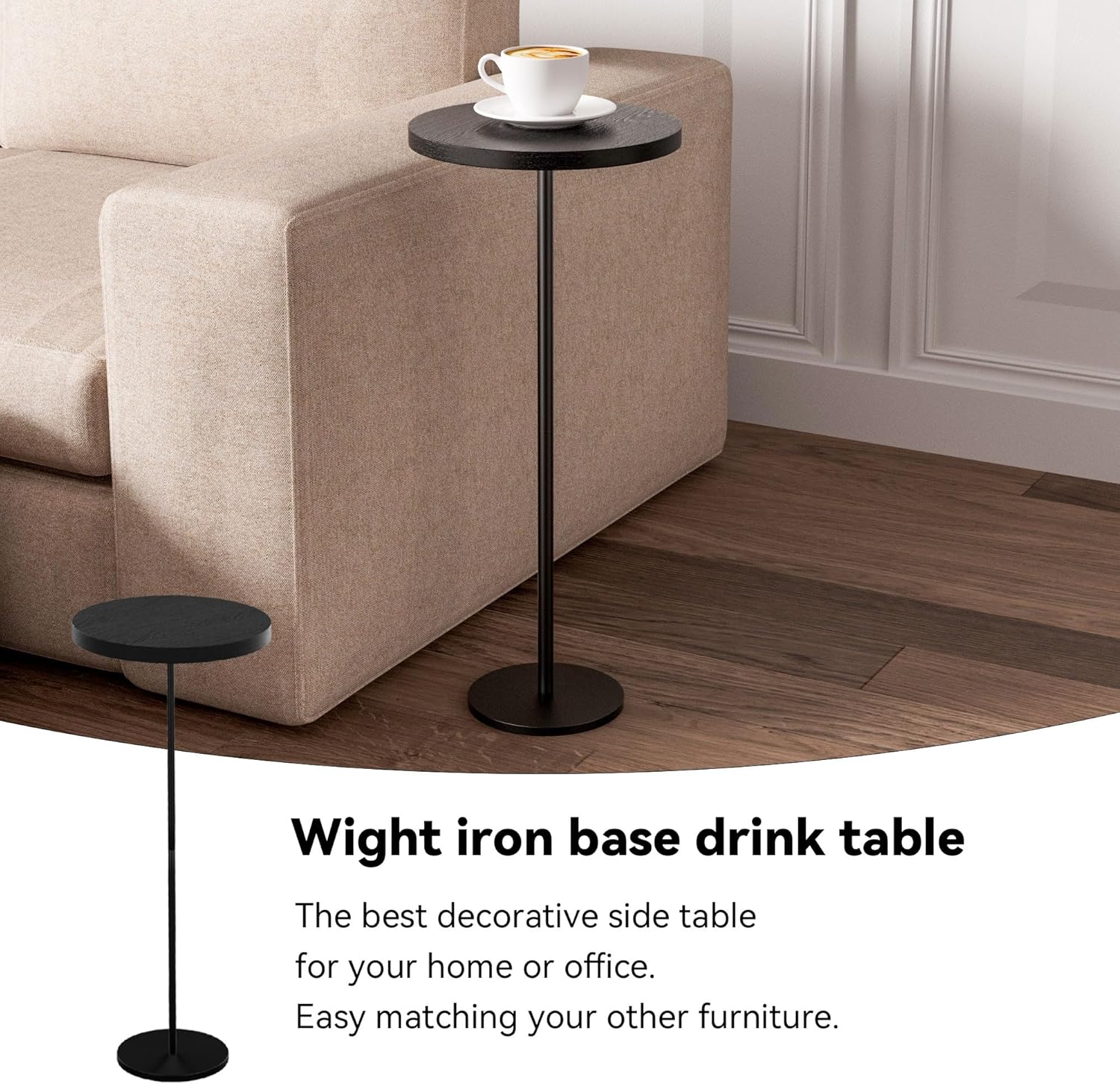 Small Side Table, Metal Round Drink Table, Desktop Diameter 9.99“ for Living Room Bedroom Small Spaces Sofa Couch Chair, Black