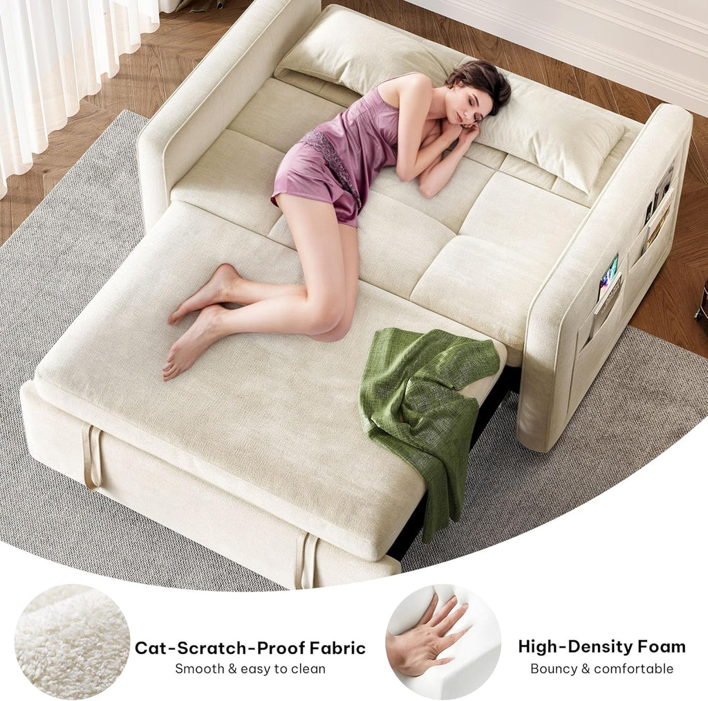 DWVO 3-in-1 Convertible Sofa Bed, 55" Sleeper Sofa with Pull-Out Bed, Cat-Scratch-Proof Fabric Futon Couch with Adjustable Backrest and Side Pocket, Loveseat for Living Room Apartment, Beige