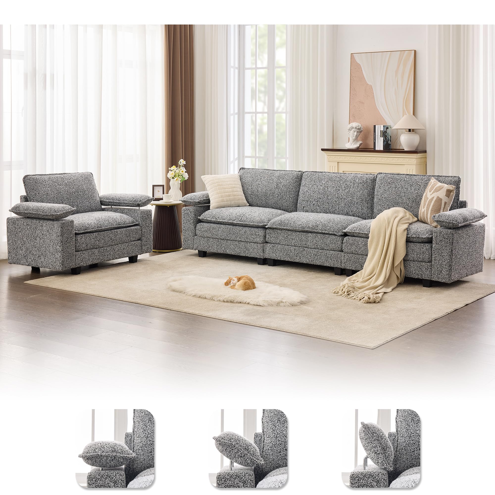 TYBOATLE 122'' Sofa Set for Living Room, Black Leather Sectional Couch with Chairs, Comfy Cloud Couch w/Adjustable Wider Armrest, Deep Seat Upholstered Modular Sofa for Office, Studio, Appartment