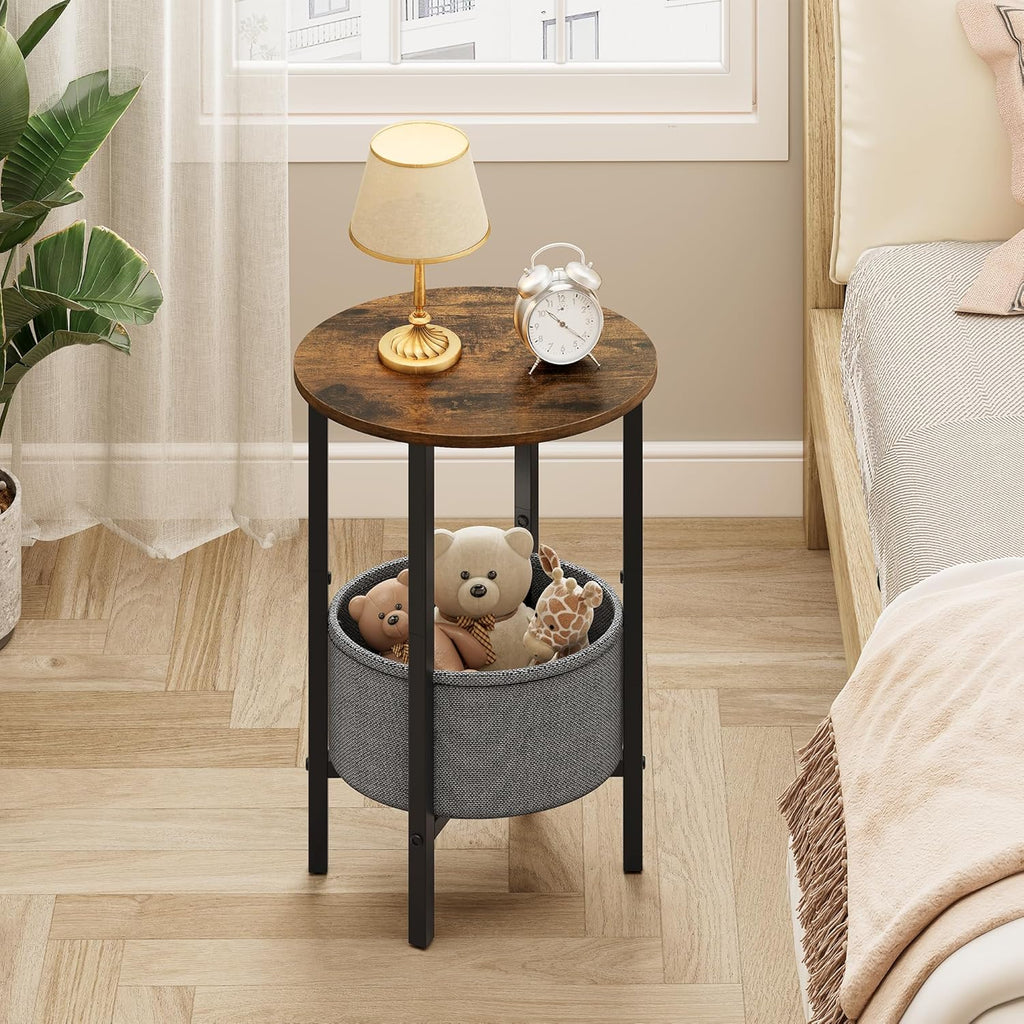 Vagusicc Round Side Table End Table with Storage Basket, Small Side Table Round Nightstand for Small Spaces, Tall Oval End Table with Steel Frame, Coffee Bedside Table for Living Room, Rustic Brown