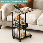 Rolling C Shaped Side Table with Storage Drawer, Ivory Portable Desk on Wheels, Bedside Table for Sofa Couch & Bed, Small Overbed Laptop Desk, Mobile Coffee End Table for Bedroom Living Room Dorm