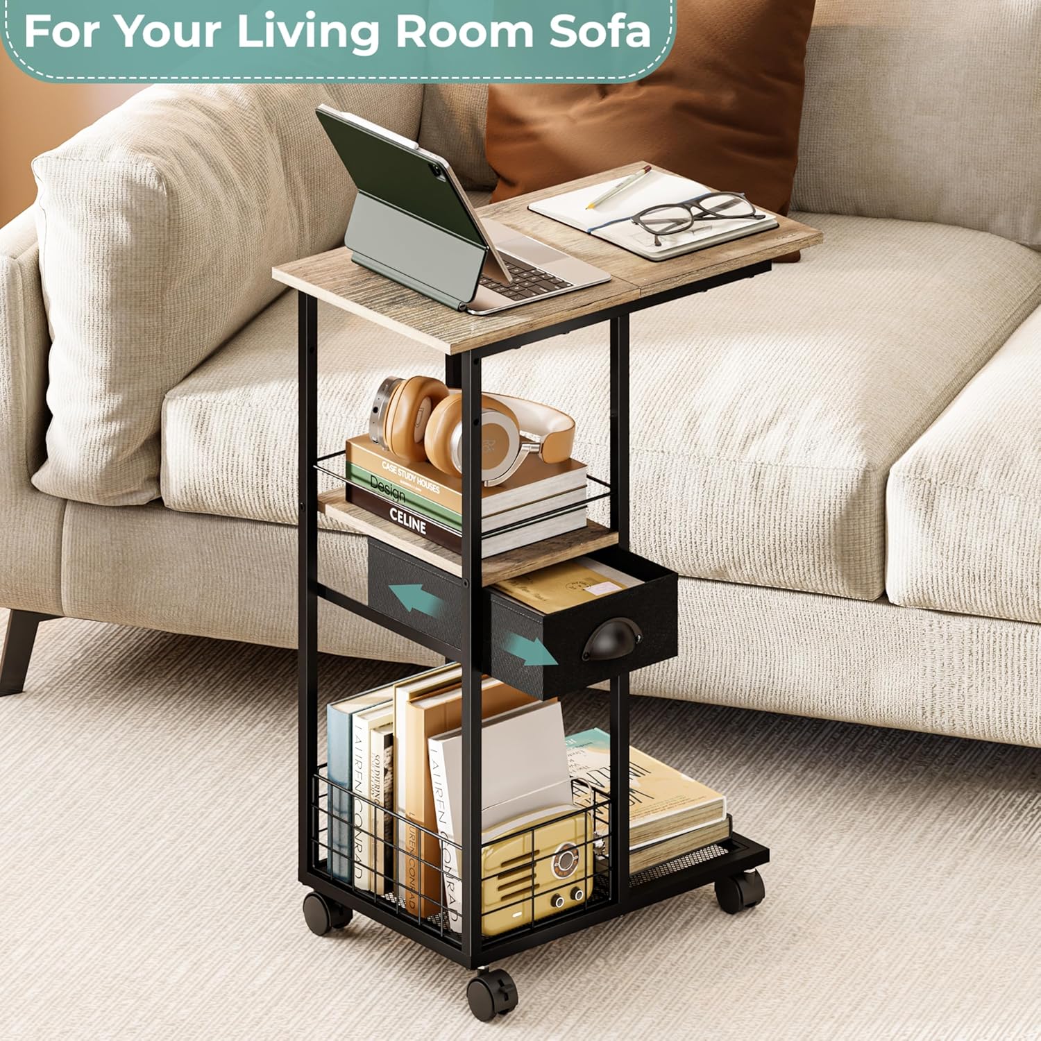 Rolling C Shaped Side Table with Storage Drawer, Ivory Portable Desk on Wheels, Bedside Table for Sofa Couch & Bed, Small Overbed Laptop Desk, Mobile Coffee End Table for Bedroom Living Room Dorm