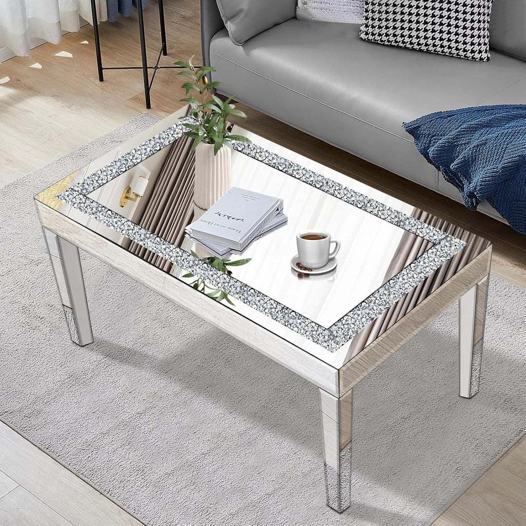 Silver Mirrored Coffee Table with Crystal Inlay, Rectangle Glass Tea Table with Mirrored Finish, Modern Center Table for Living Room and Office (23.6" D x 35.4" W x 17.7" H)