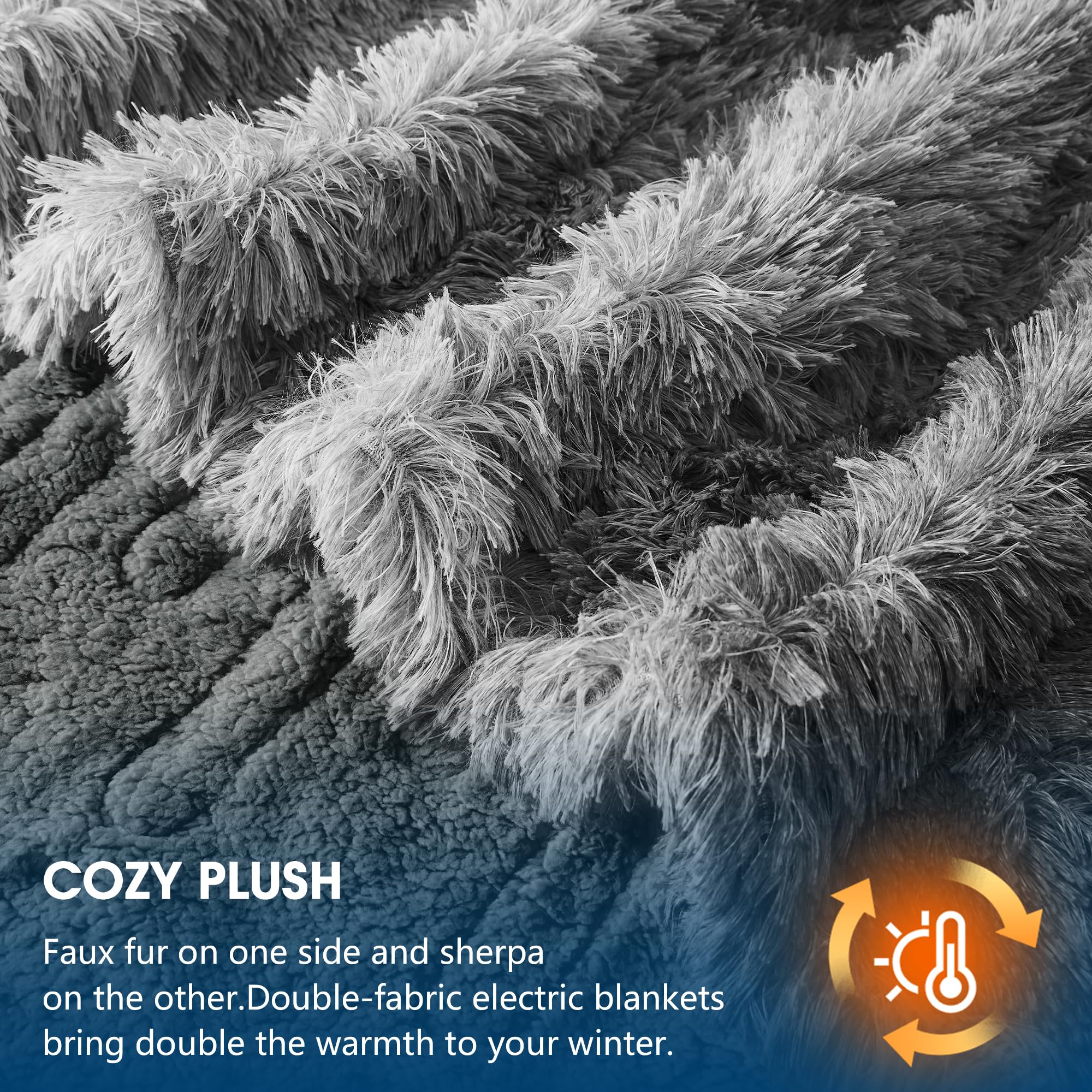 Elektrische Heizdecke mit Kunstpelz, Größe mit flauschigem Sherpa-Rücken, wärmende Plüschdecke Geschenk, weiche Heizdecken mit 10 Wärmeeinstellungen, 5 Zeiteinstellungen, ETL 50"x60", Anthrazitgrau