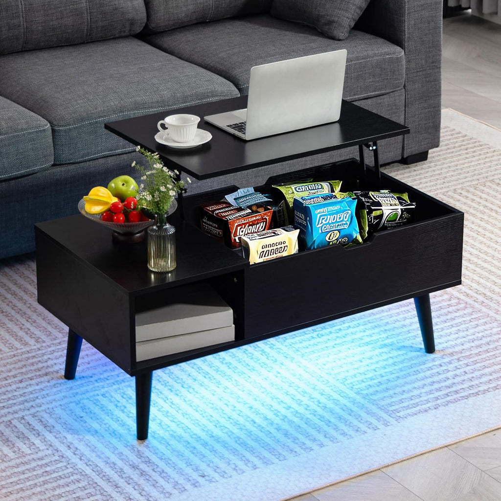 Finnhomy Lift Top Coffee Table with USB Type-C Charging Station, LED Lights and Power Outlet, 3-in-1 Multifunctional Table with Hidden Compartment and Large Storage, for Living Room Home Office, Black