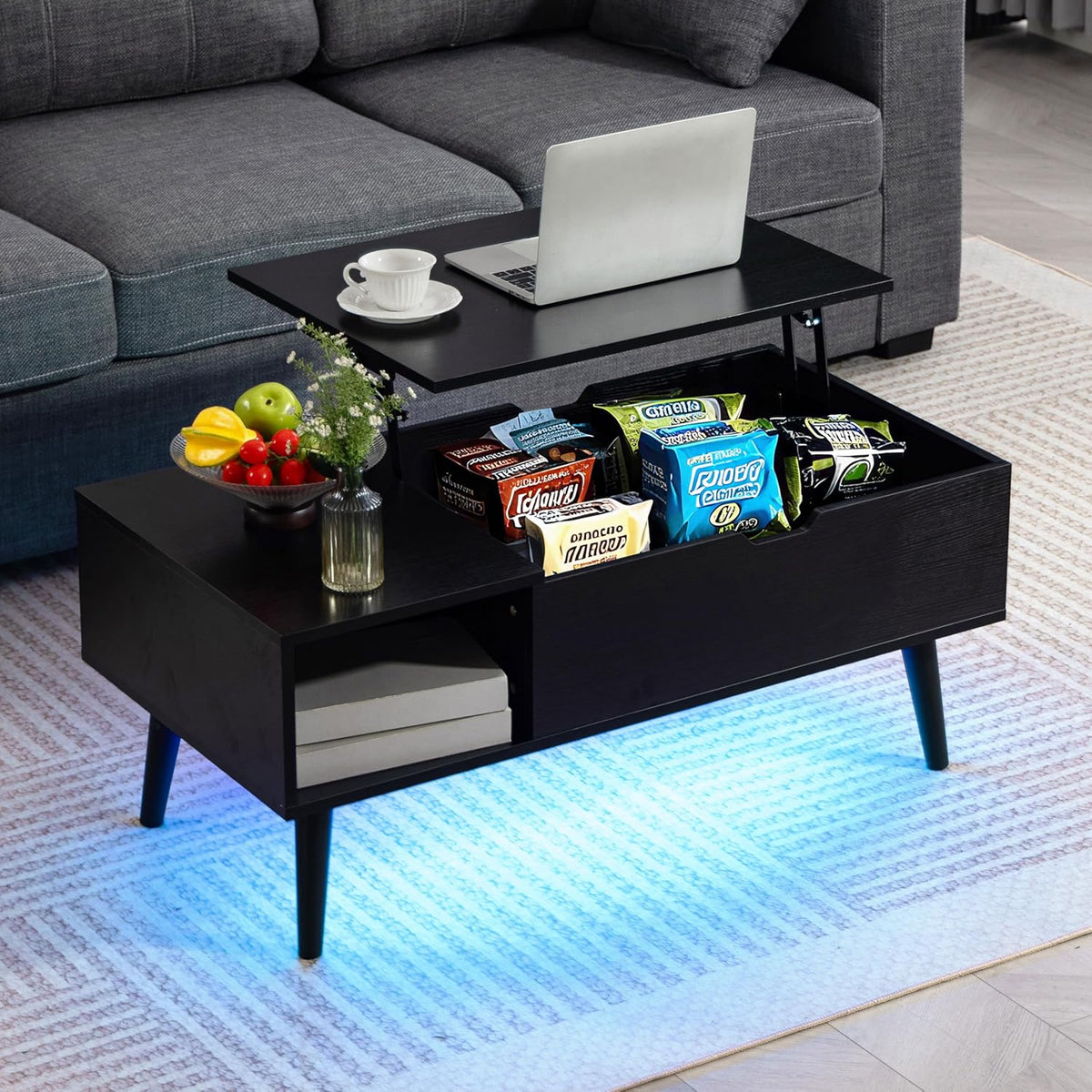Finnhomy Lift Top Coffee Table with USB Type-C Charging Station, LED Lights and Power Outlet, 3-in-1 Multifunctional Table with Hidden Compartment and Large Storage, for Living Room Home Office, Black