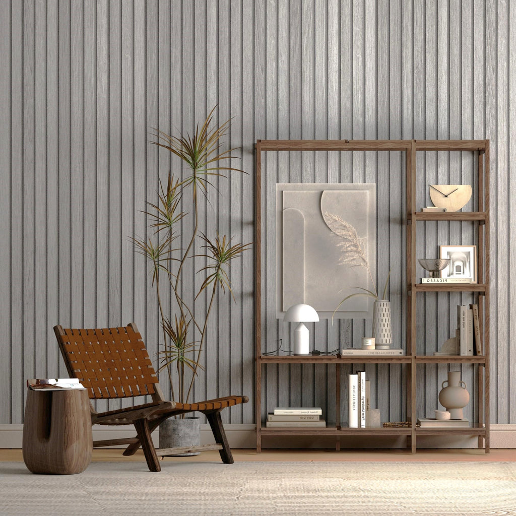 JSEVEM 16"×118" 3D Cream White Grey Slats Striped Wood Wallpaper Peel and Stick Waterproof Gray Slat Stripe Wood Contact Paper Vinyl Self Adhesive Wood Stickers for Walls Cabinets Kitchen Countertops