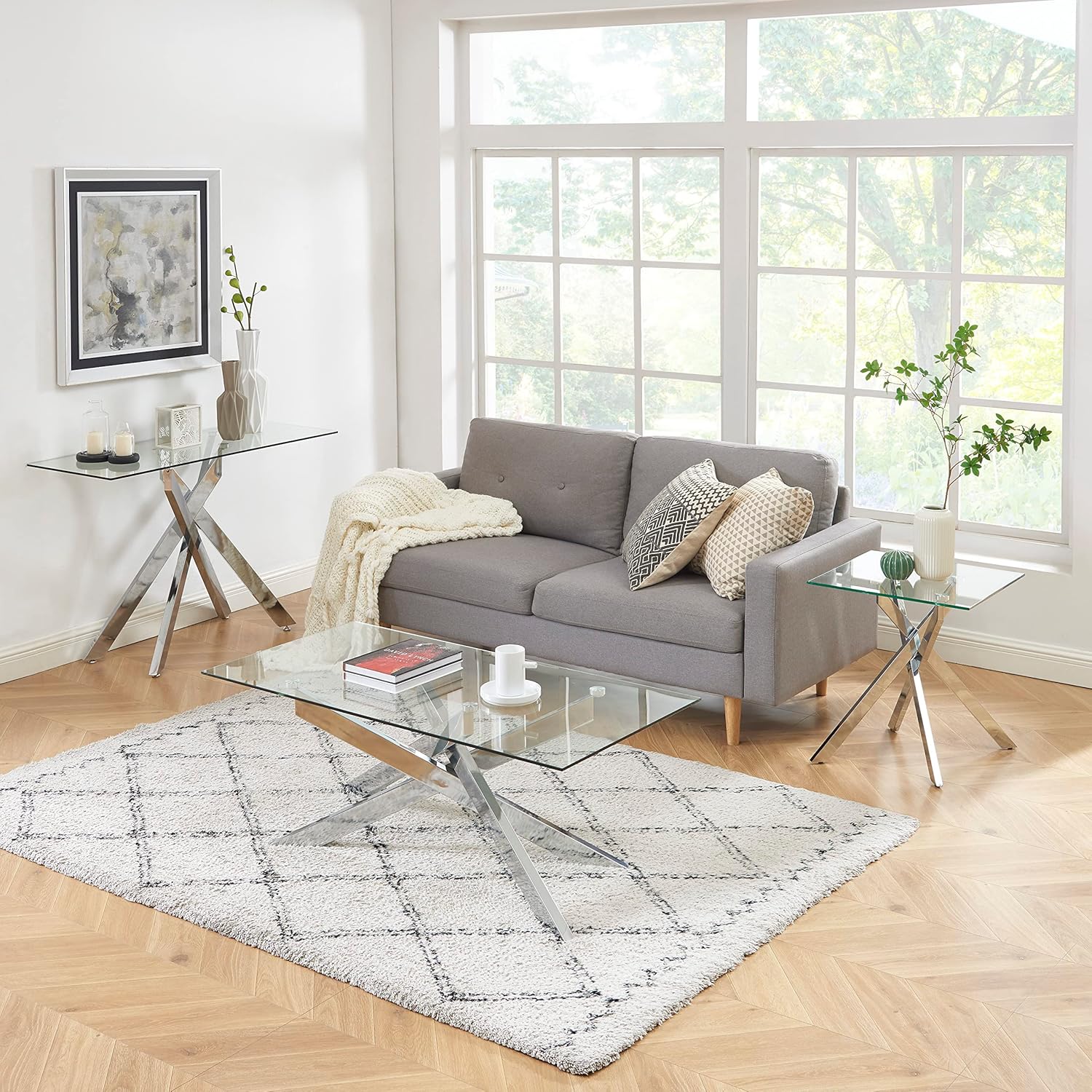 Modern Style Square Side Table with Tempered Glass Top and Metal Tubular Legs, Silver 20”Dx20”Wx22”H