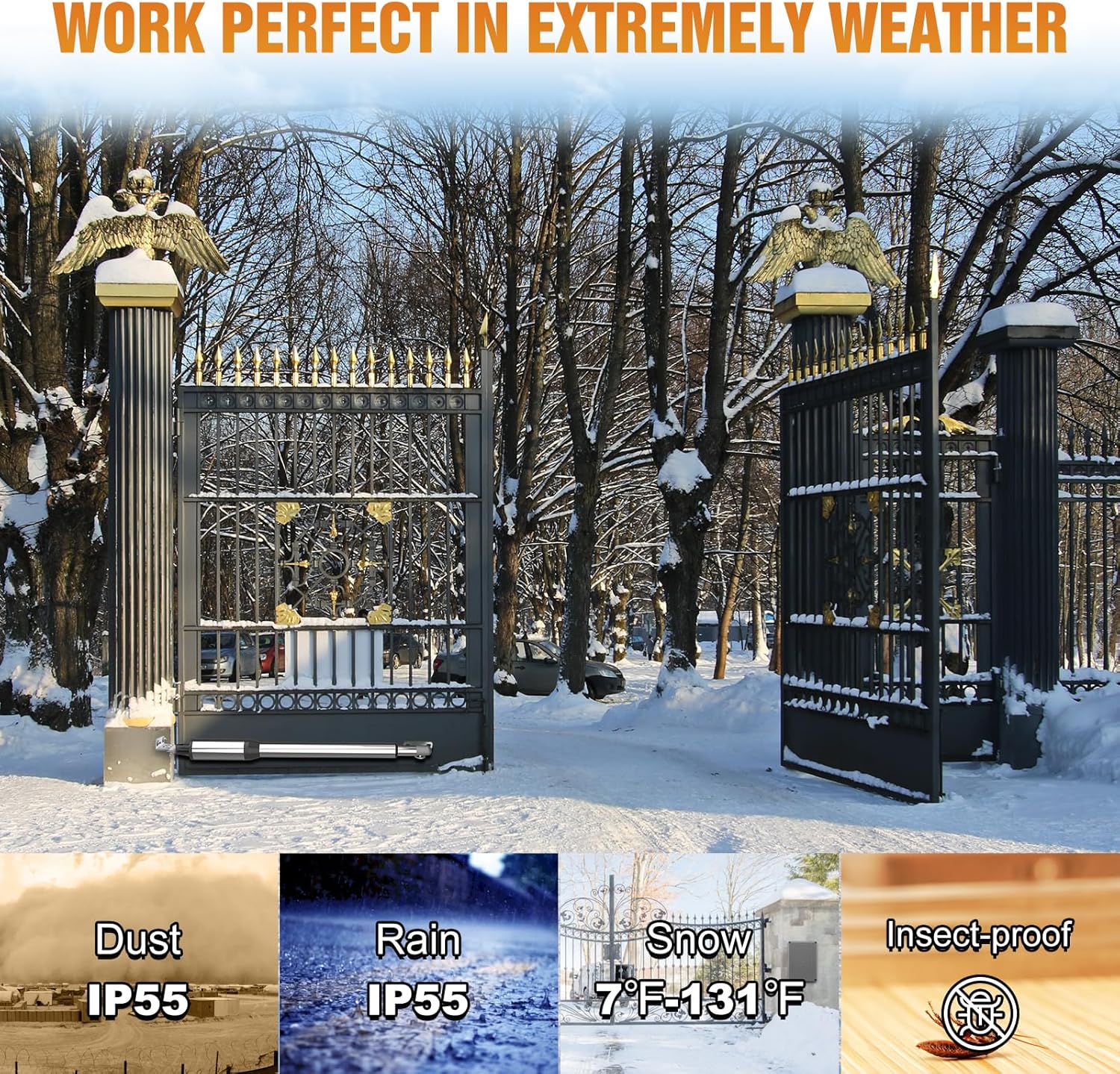 JUJIANG C026 Solar Gate Opener with Batteries & Solar Panel for Dual Swing Gates Up to 1540lb Automatic Gate Opener with Remote Complete Kit Medium Duty Electric Gate Opener Solar Powered 60W Motor