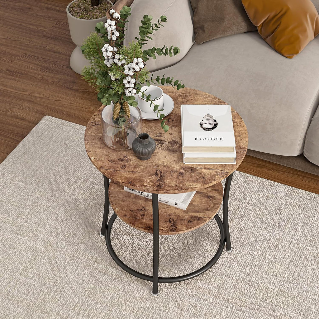 BOFENG Side Table,Round End Table with 2 Storage Shelves for Living Room, Bedroom,Small Spaces,Coffee Table Nightstand with Sturdy Metal Frame,Easy Assembly,Rustic Brown