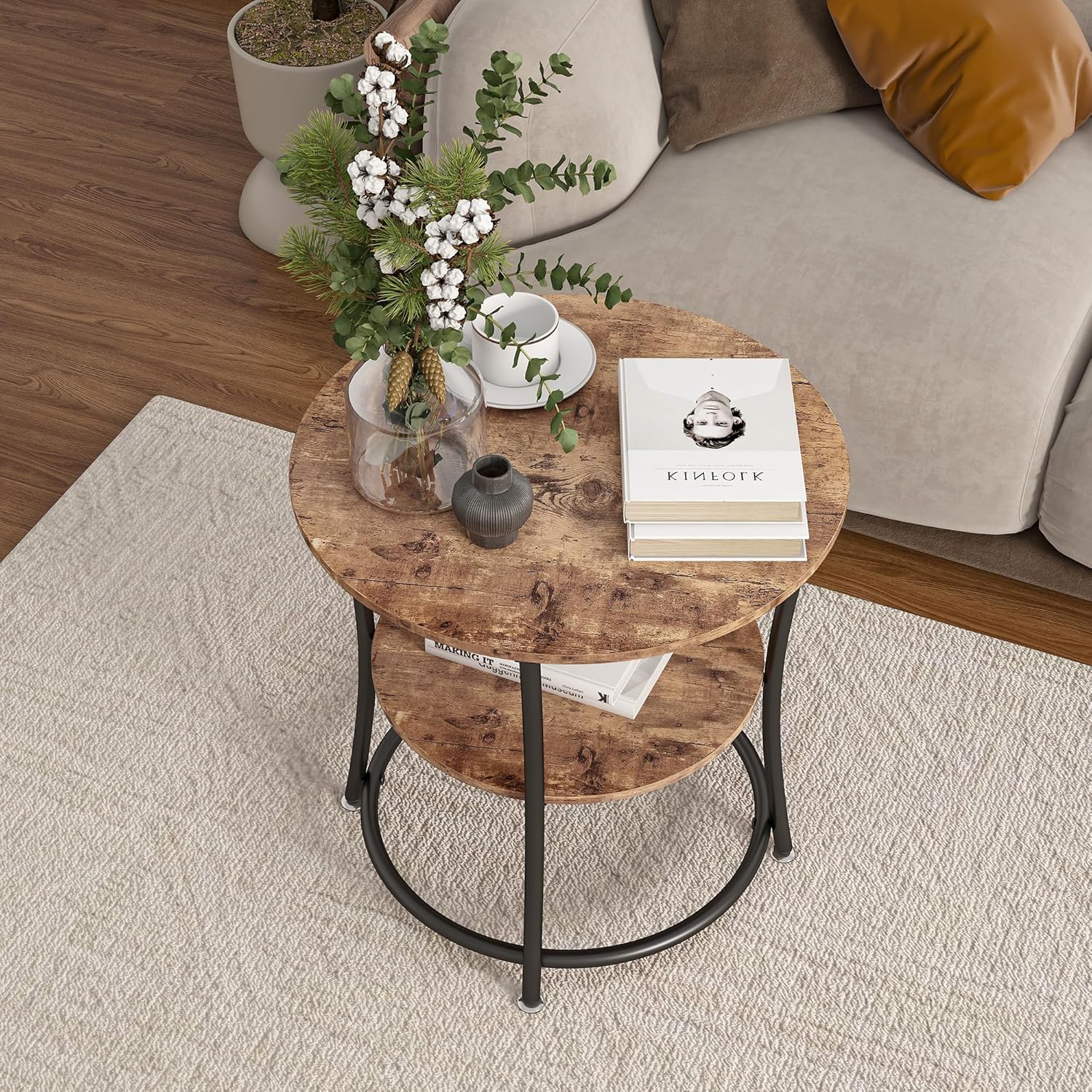 BOFENG Side Table,Round End Table with 2 Storage Shelves for Living Room, Bedroom,Small Spaces,Coffee Table Nightstand with Sturdy Metal Frame,Easy Assembly,Rustic Brown