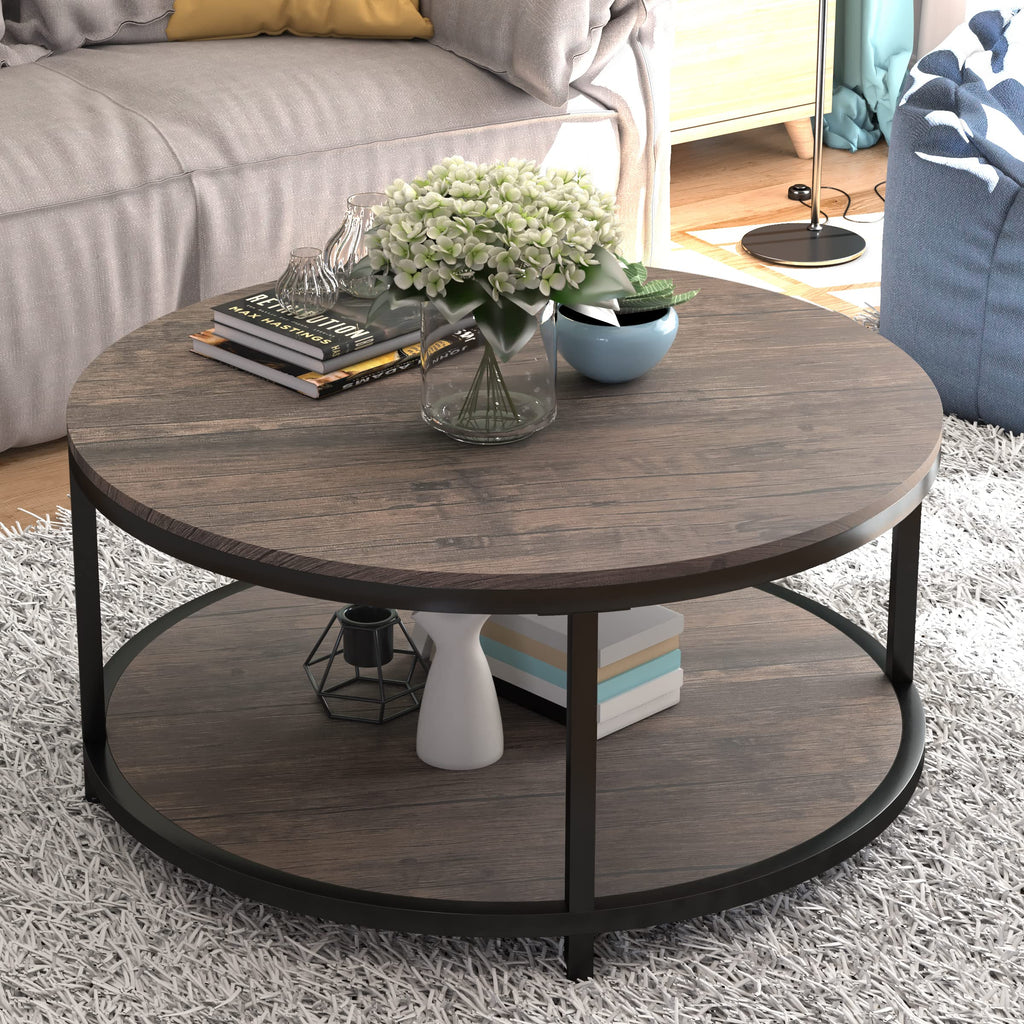 NSdirect Round Coffee Table, 25.6" Small Coffee Table for Living Room,2-Tier Rustic Wood Desktop with Storage Shelf Modern Design Home Furniture(Light Walnut)