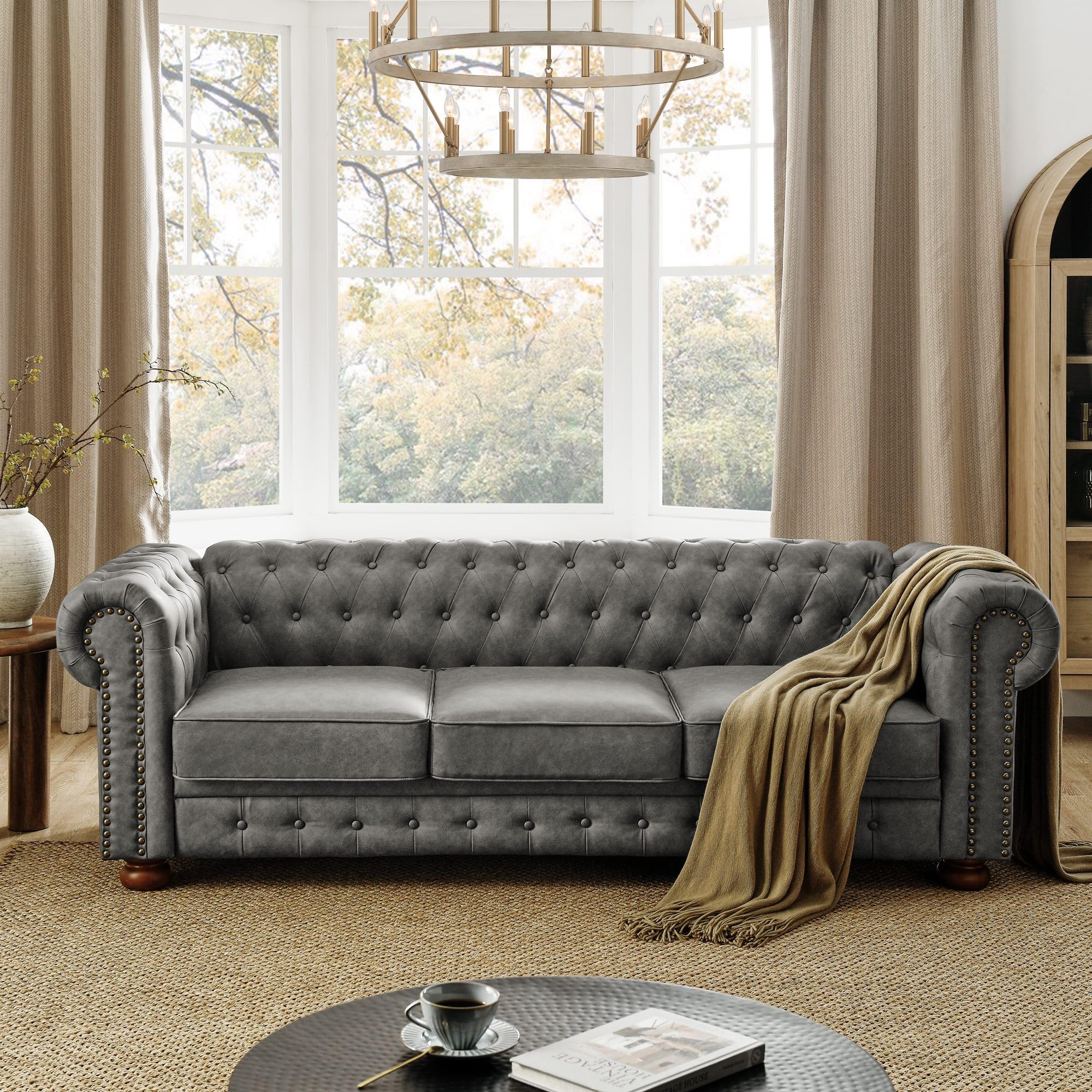 Harper & Bright Designs 3-Seat Chesterfield Sofa with Button Tufted, Nailhead Trim and Solid Wood Legs, Classical Linen Fabric Couch for Living Room, Office, Light Grey