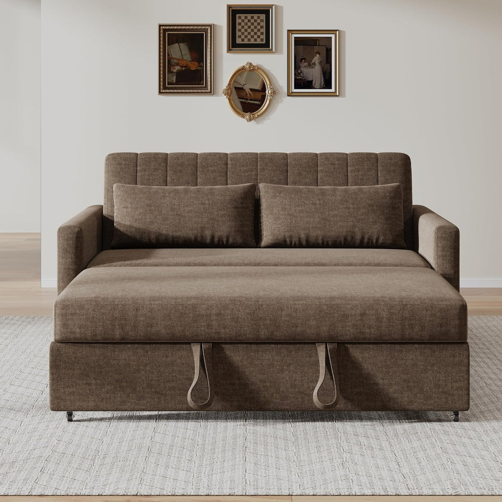 55'' Sofa Bed, Pull Out Sleeper Sofa Couch Bed, Loveseat Couch Bed, Futon Sofa Bed with Side Pocket, Convertible Sofa Bed for Living Room, Apartment, Bedroom, RV, Brown